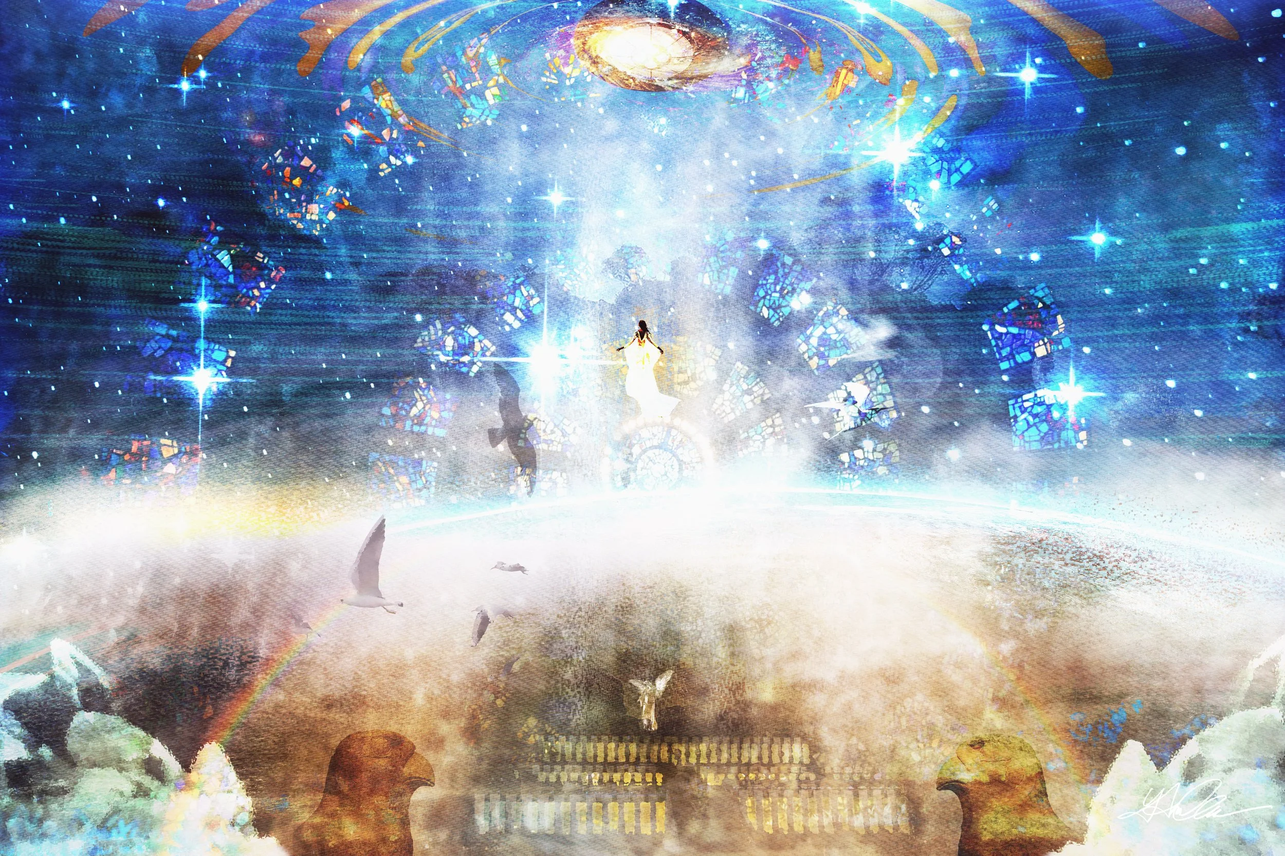 Surreal celestial scene featuring a glowing figure, stained glass, stars, and abstract cosmic elements.