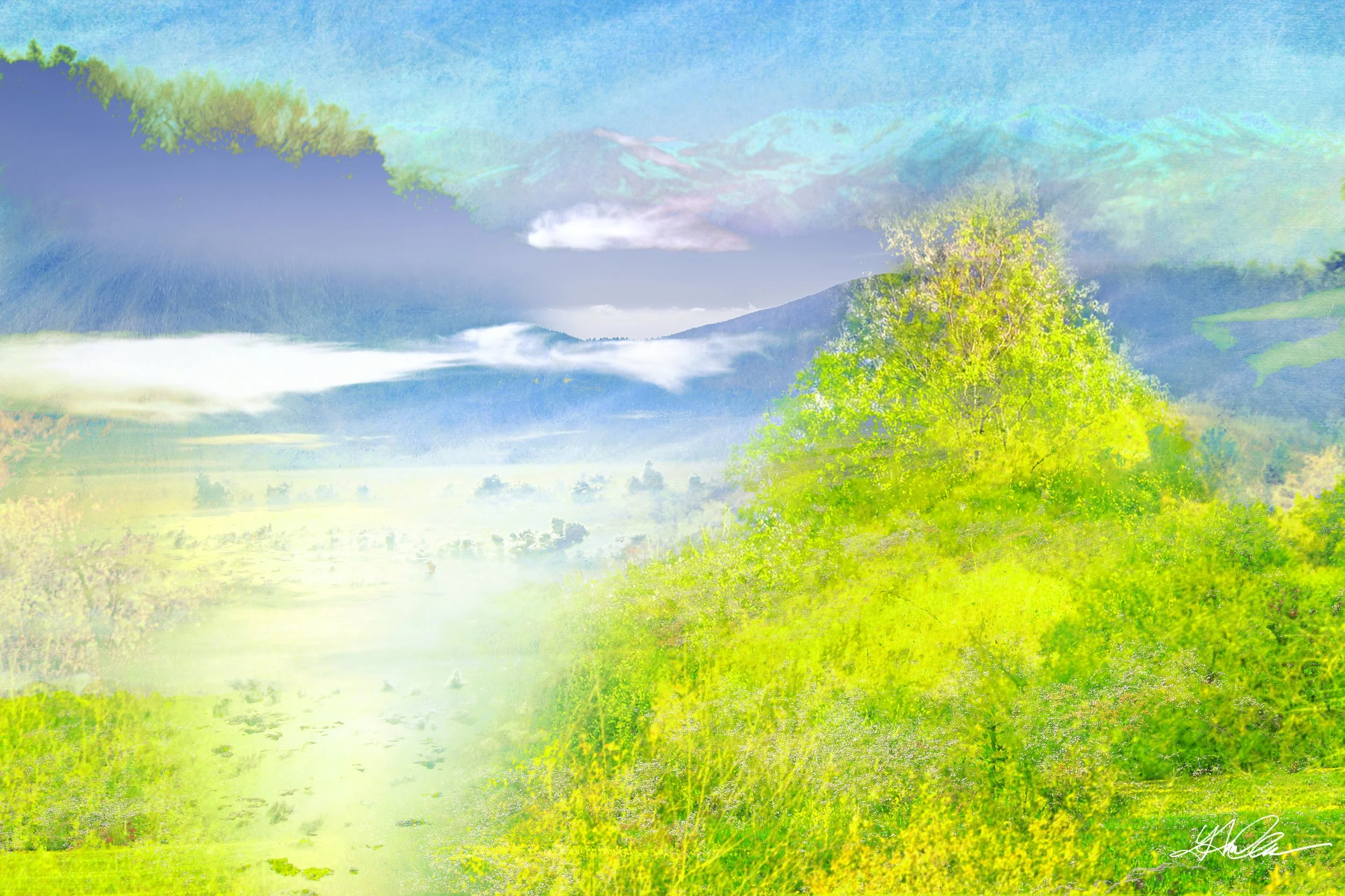 Abstract landscape with vibrant greenery and cloudy sky.