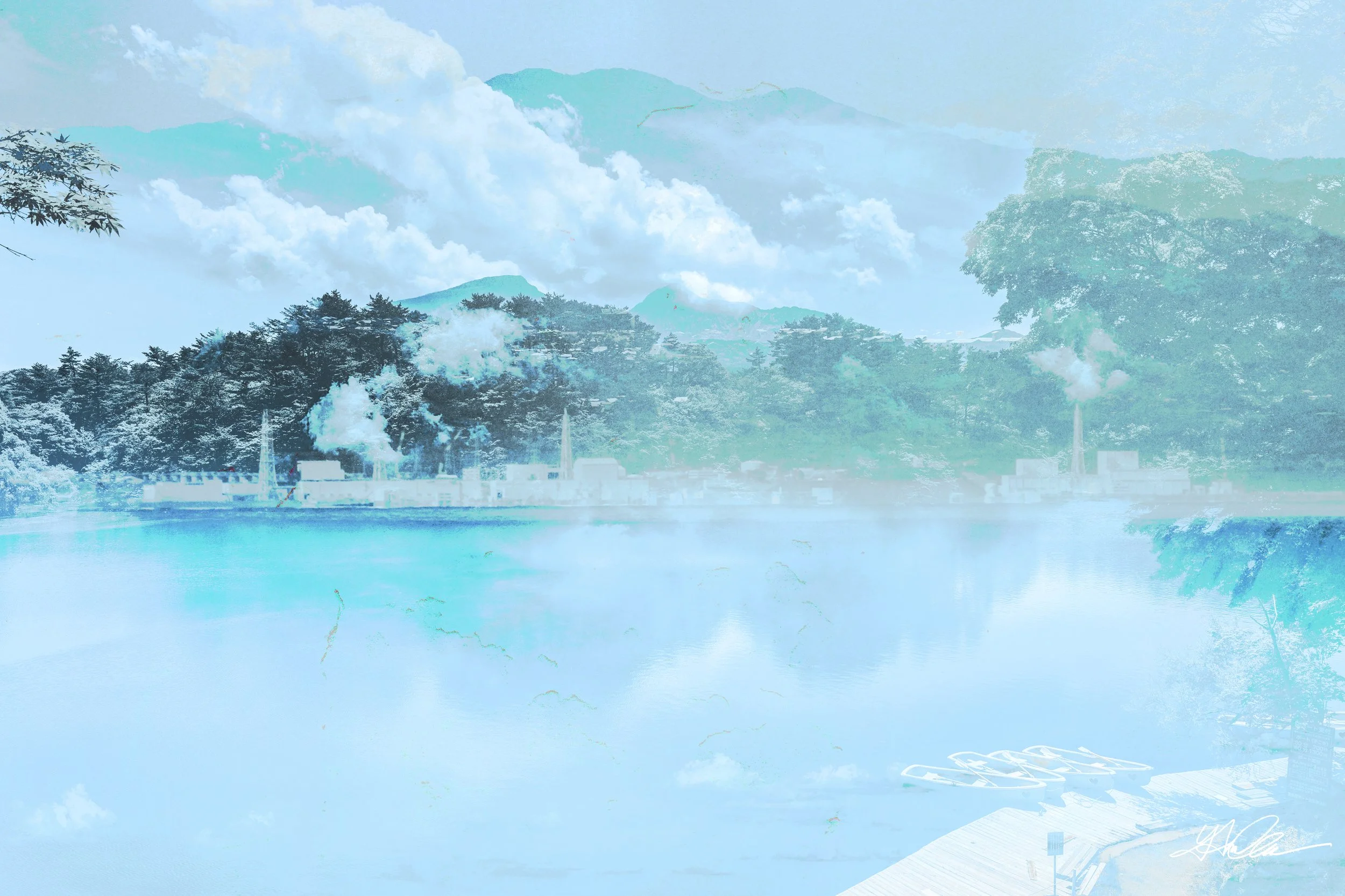 Surreal landscape with a lake, forest, and mountains, featuring clouds, trees, and a wooden dock.