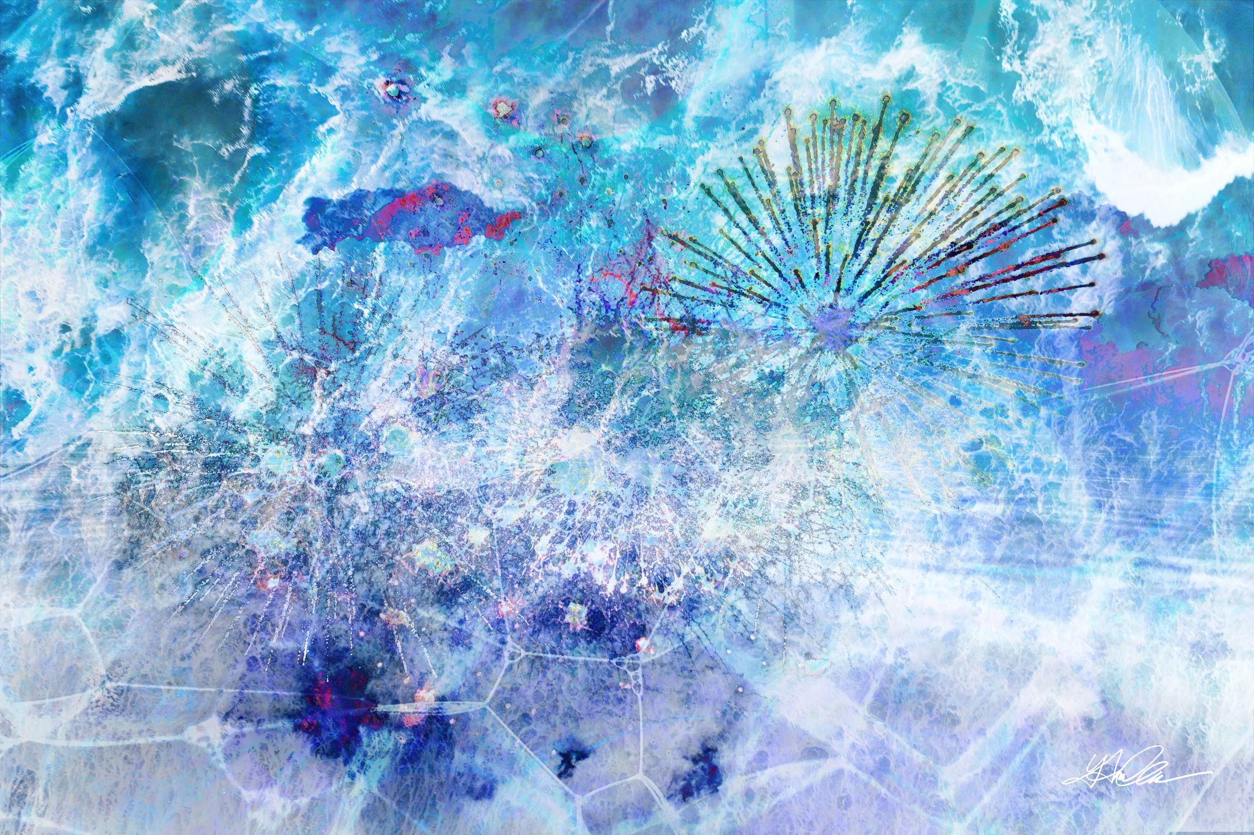 Abstract blue and white artwork with circular patterns and splashes of color