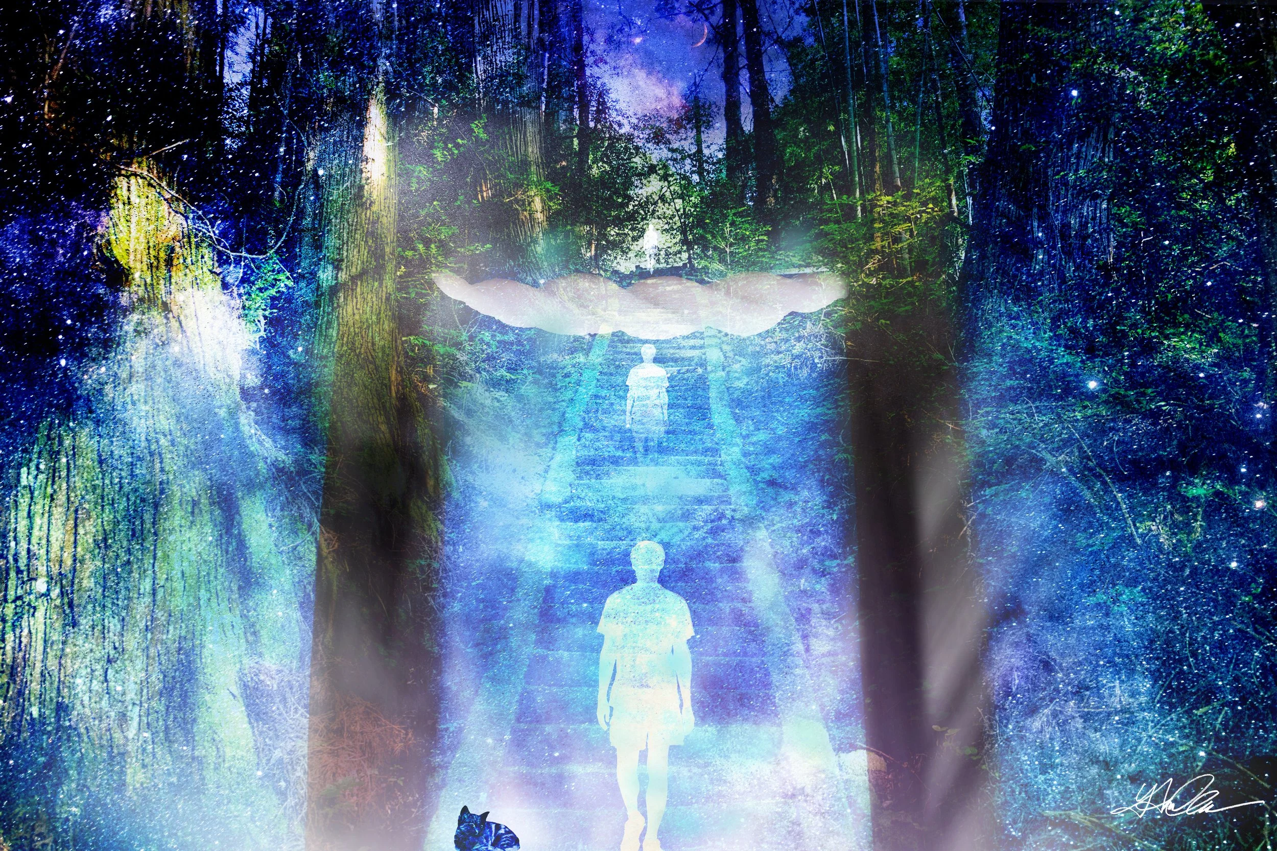 Surreal artwork of a forest with a glowing figure ascending stairs, celestial sky, and ethereal atmosphere.