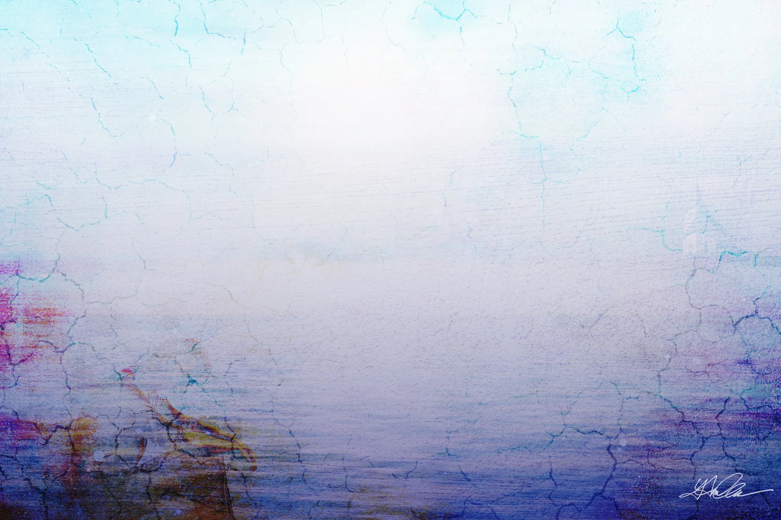 Abstract image of textured surface with light blue and purple hues, resembling cracked paint or a rough sea.