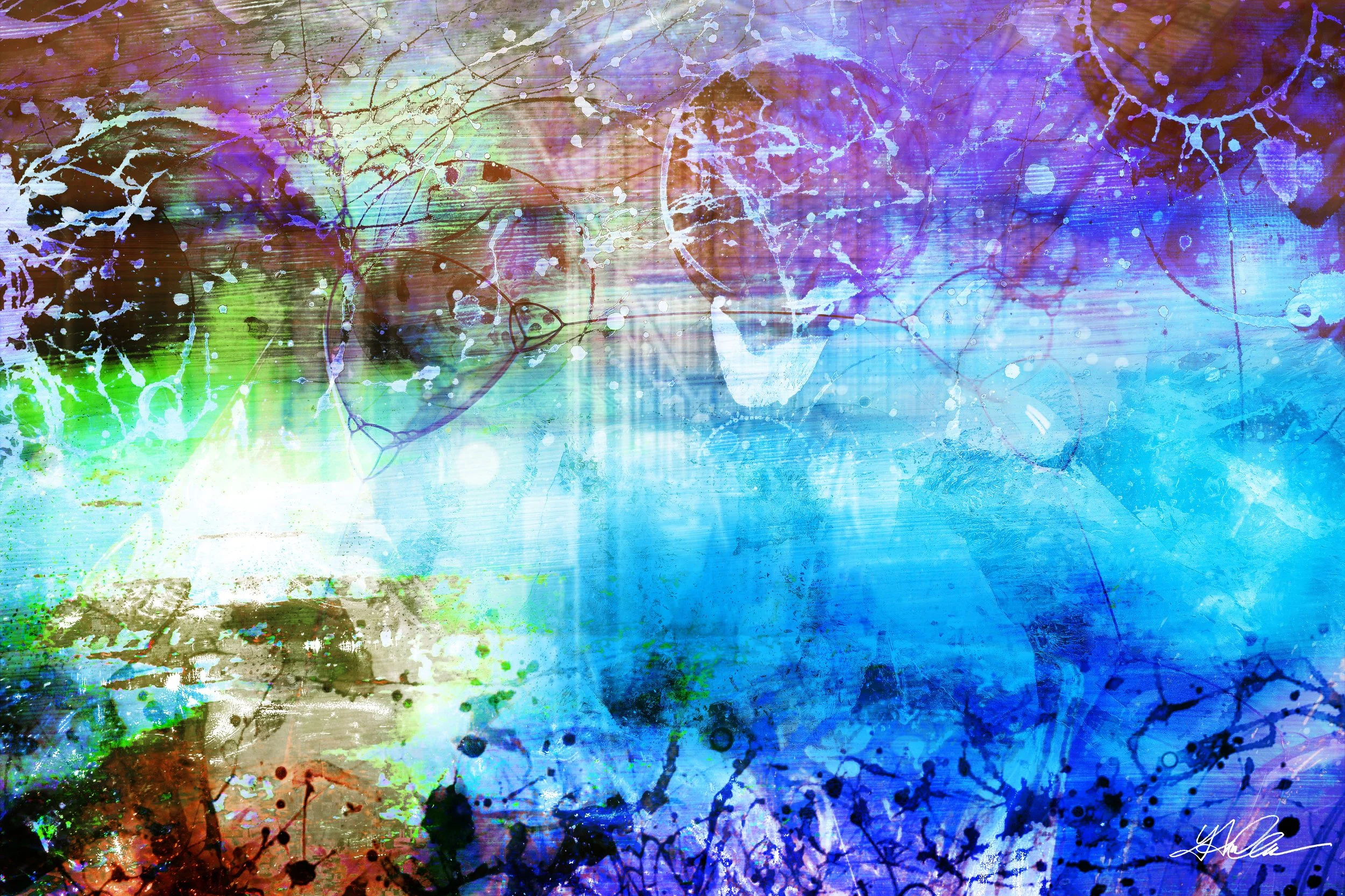 Abstract art piece with vibrant splashes of purple, blue, and green blending together, featuring circular patterns and paint splatters.