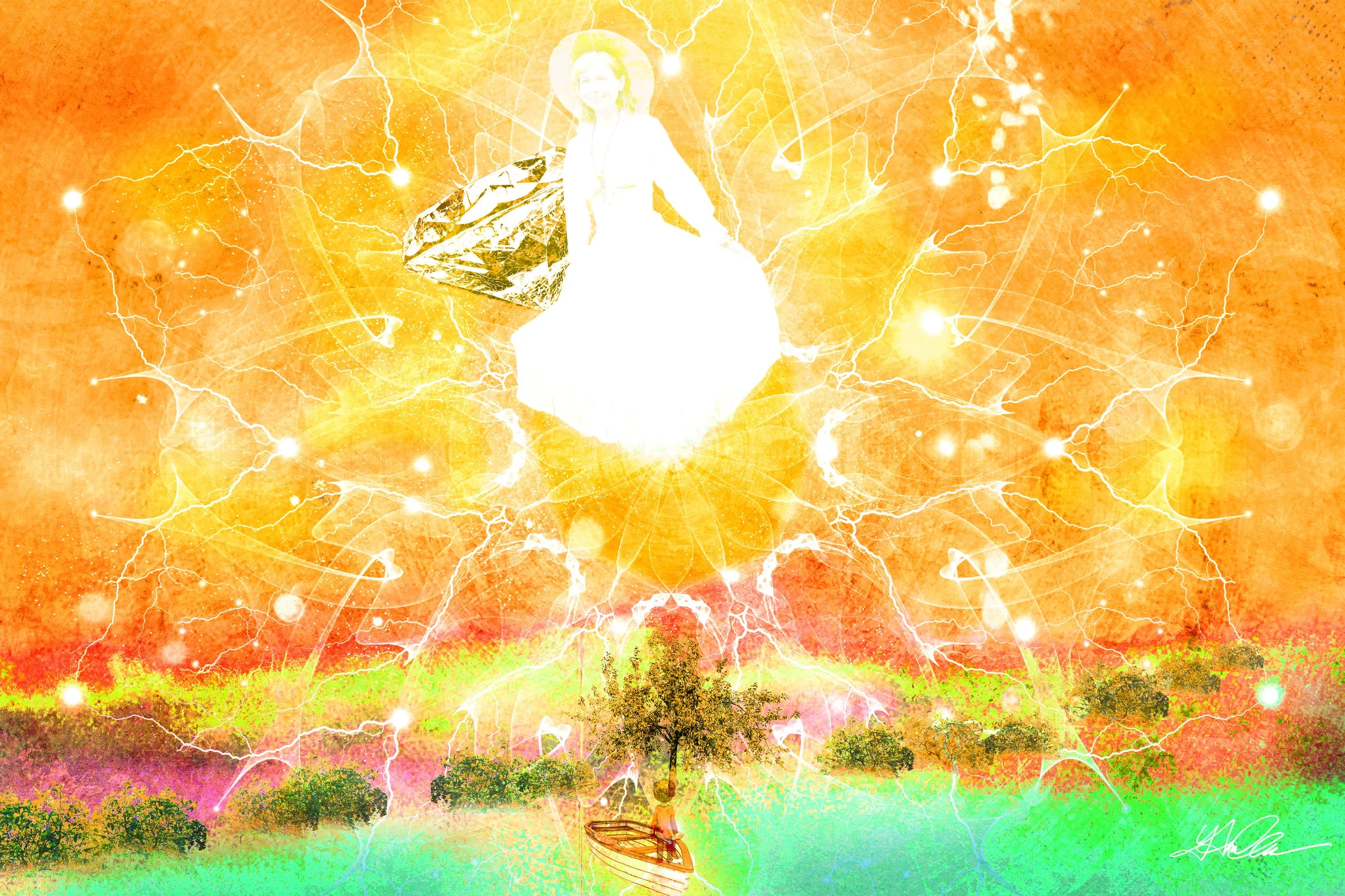 Abstract artwork featuring a luminous figure surrounded by vibrant colors, lightning patterns, and a person in a rowing boat below.