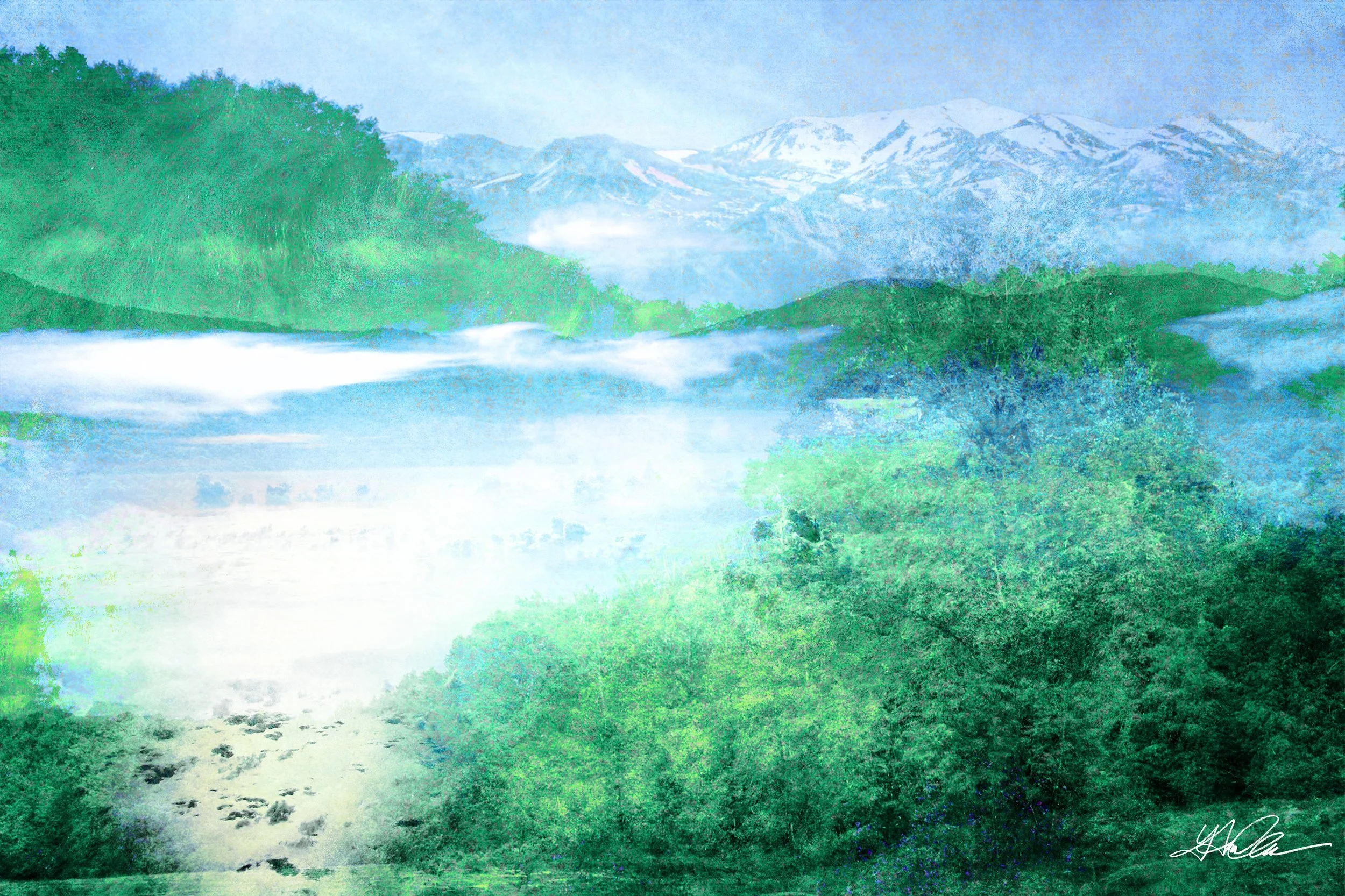 Abstract landscape with trees and mountains