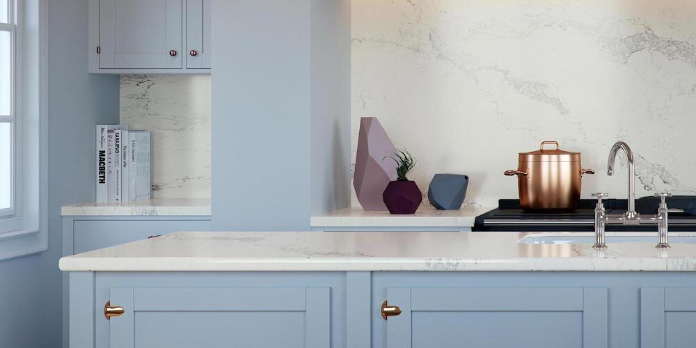 caeserstone, white quartz stone, light blue, kitchen