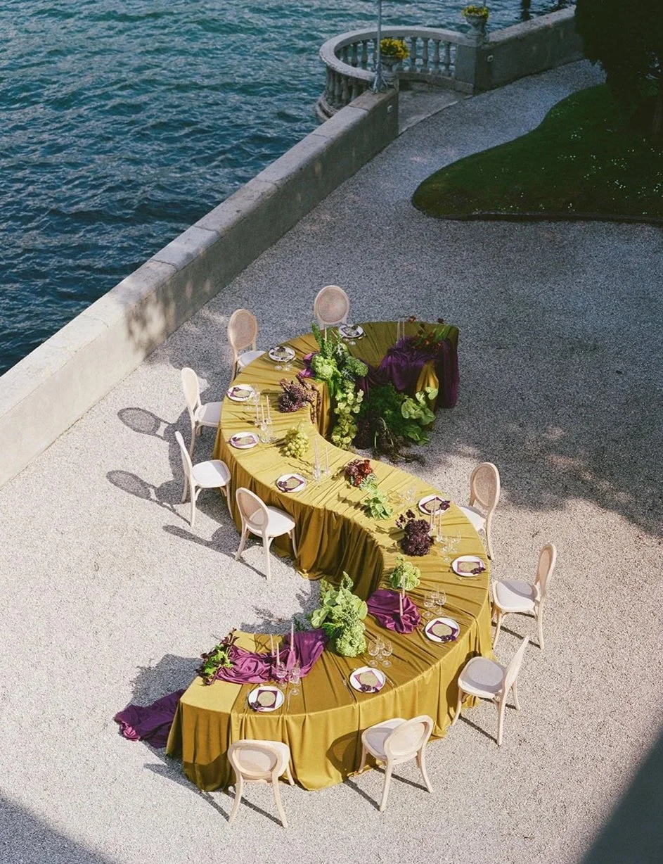 Luxury editorial wedding table setup with strong art direction by Wonder Events at Villa Aura del Lago, Limonta at Lake Como, Italy.