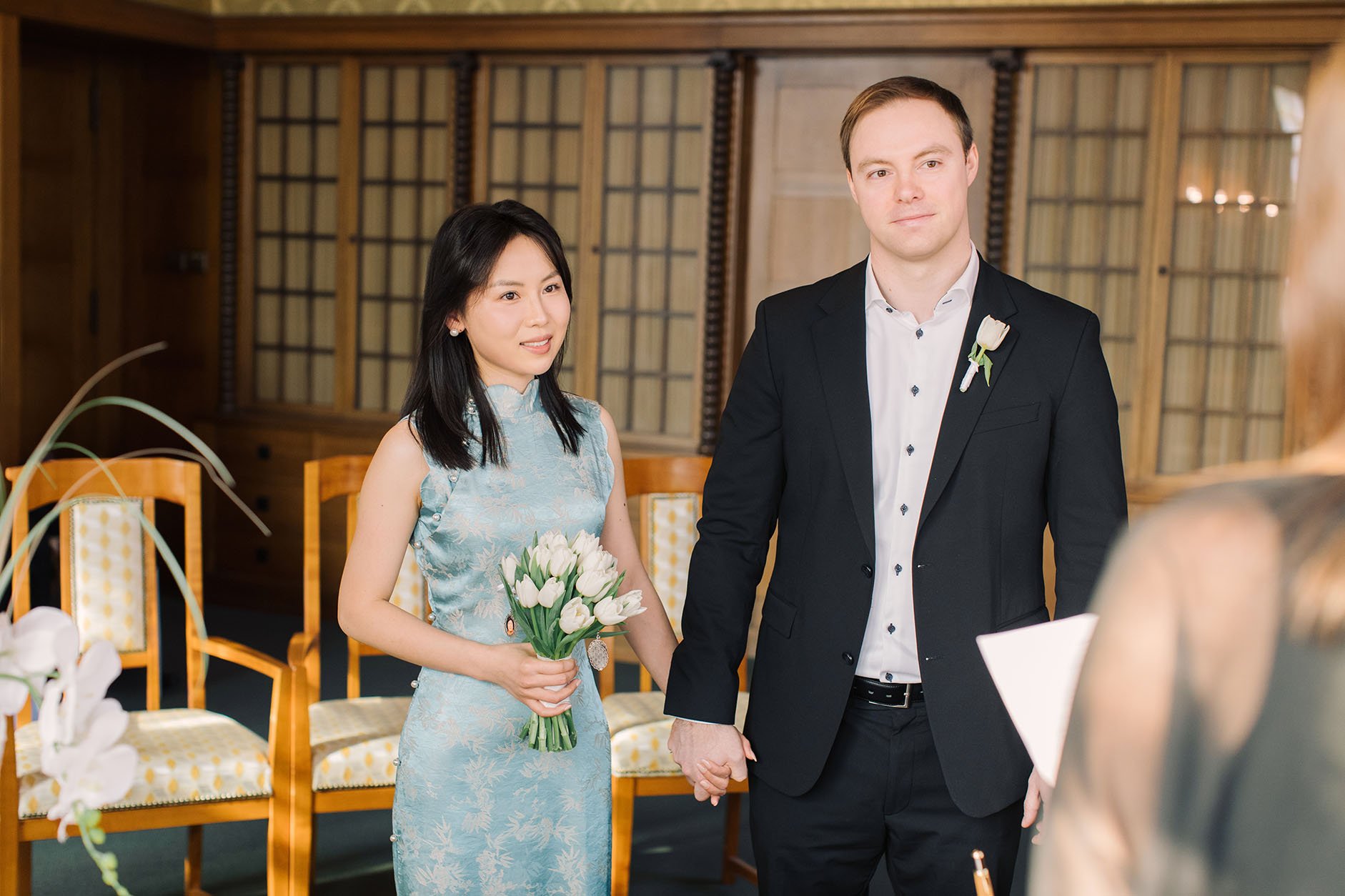 Romantic couple portrait during their civil wedding at Reinickendorf Standesamt