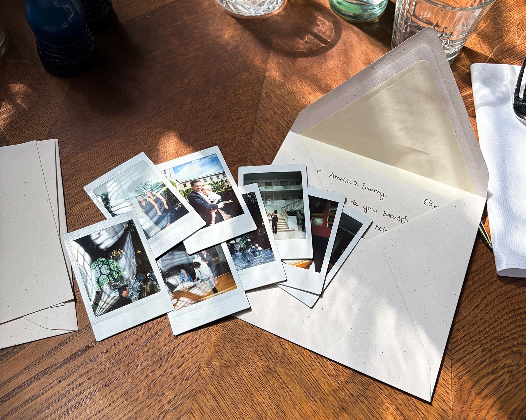 Poloarid photos and a thank you letter for a wedding couple.