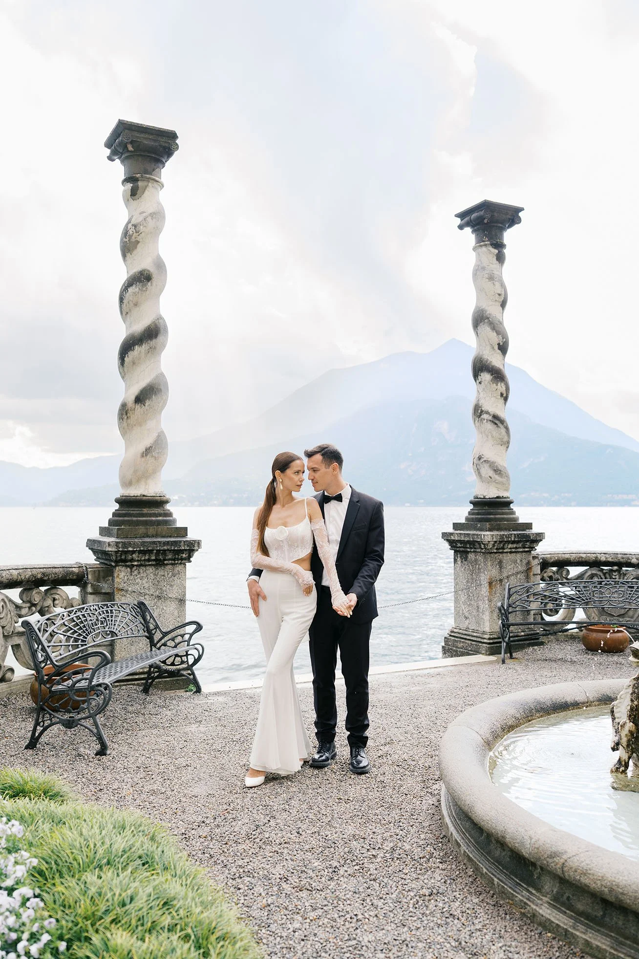Editorial portrait of an elegant wedding couple at Villa Monastero, Lake Como, Italy, captured by Duo Chen Photography.