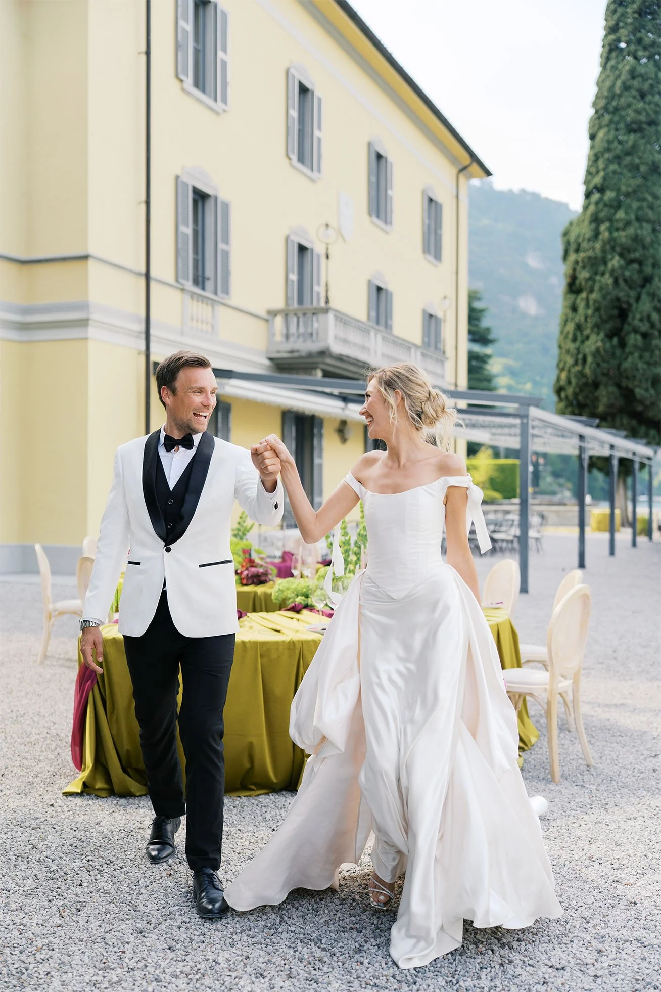 A dancing wedding couple at a villa at Lake Como, Italy