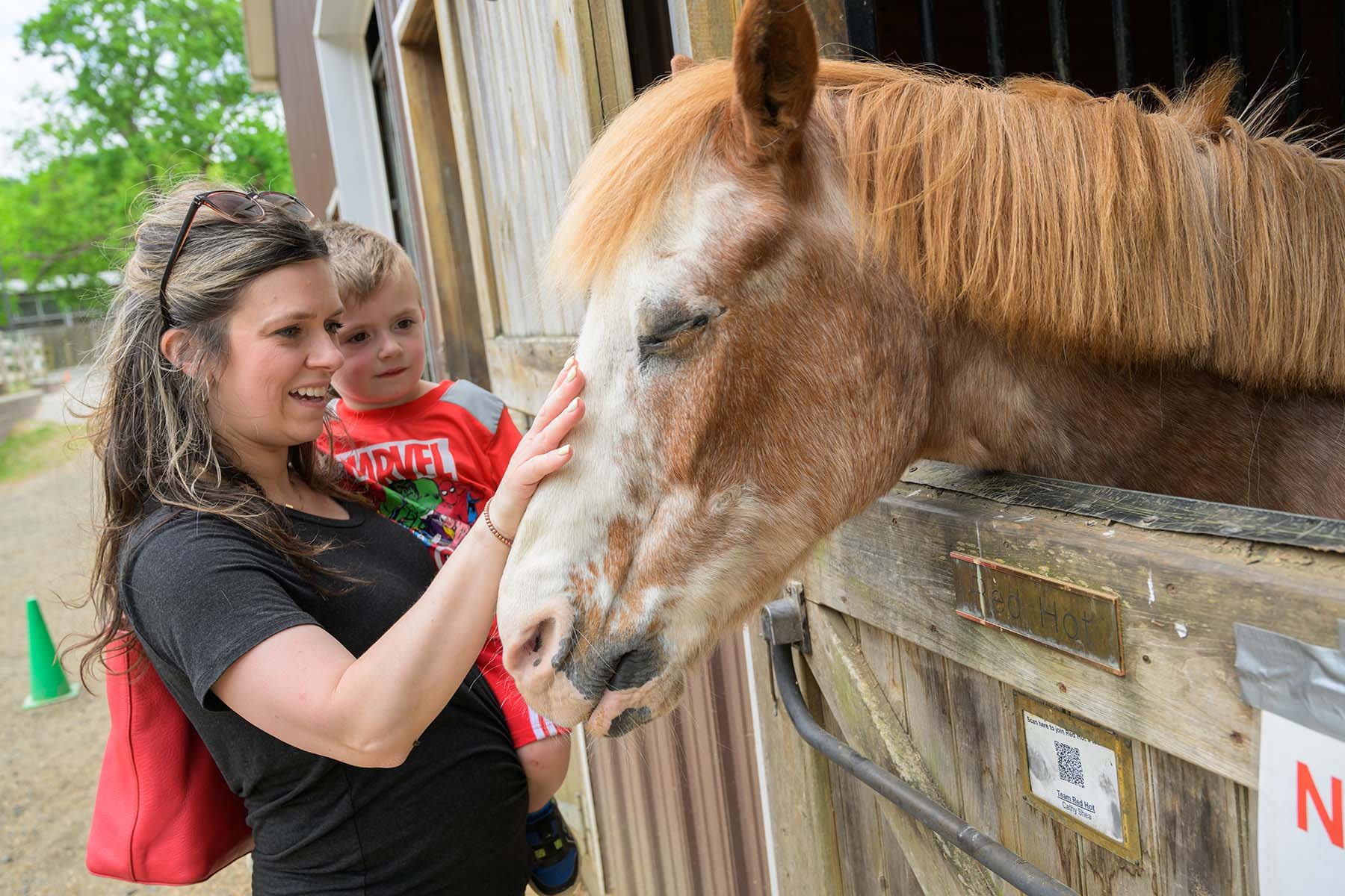 A mother and son pet a tan and white horse