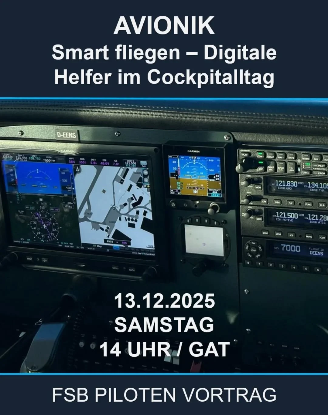 Am 13.12. gibt es wieder einen super interessanten Vortrag: Avionik und wie sie Euch das Leben leichter machen kann. 
Unser Fluglehrer Chris wird den Vortrag leiten und Euch jede Menge Tricks und Kniffe f&uuml;r unsere Cessna und Piper zeigen. Schnal