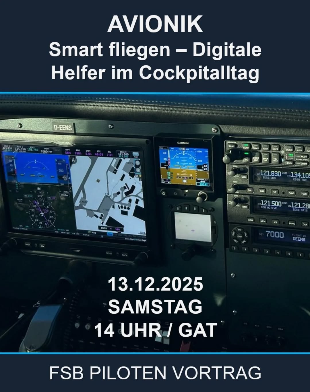 Am 13.12. gibt es wieder einen super interessanten Vortrag: Avionik und wie sie Euch das Leben leichter machen kann. 
Unser Fluglehrer Chris wird den Vortrag leiten und Euch jede Menge Tricks und Kniffe f&uuml;r unsere Cessna und Piper zeigen. Schnal
