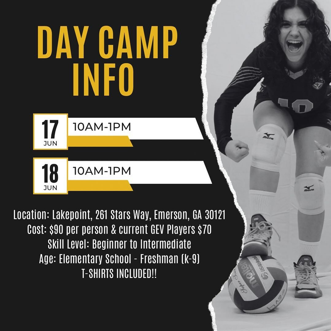 SAVE THE DATE we&rsquo;re so excited to be hosting day camps this summer! SIGN UP using this link: http://georgiaelitevolleyball.leagueapps.com/events/4271569-2024-gev-day-camp