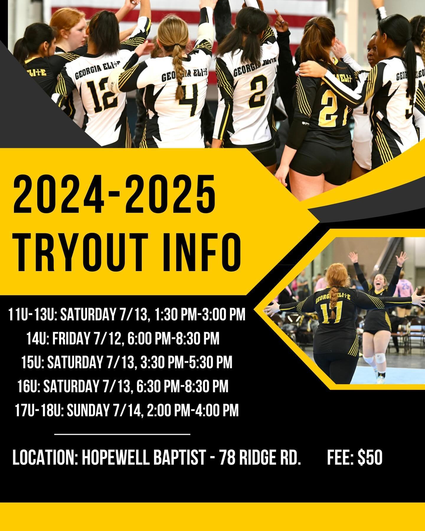 Tryout registration for the 2024-2025 season is LIVE! Use this LINK to sign up: https://georgiaelitevolleyball.leagueapps.com/events/4204456-2024-25-tryouts
#GEVfamily #volleyball #gaelite #gaelitevolleyball #usav #srva