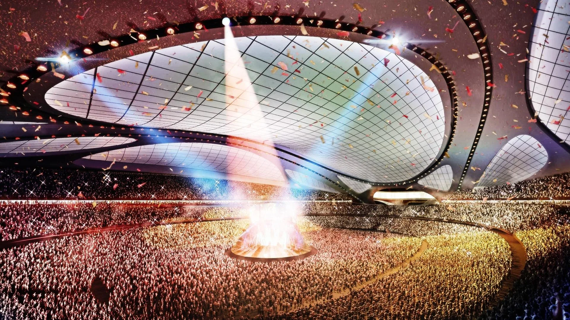 Artist's rendering of the controversial bike-helmet shaped design for the Tokyo 2020 New National Stadium, showing a bright interior with a massive crowd and spotlights.