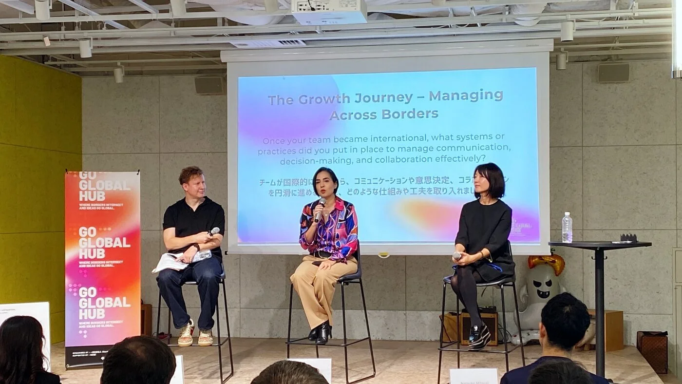 Panel speakers discuss managing teams across borders at Startup Lady’s Go Global Hub event in Tokyo, highlighting leadership in cross border startups and global entrepreneurship.