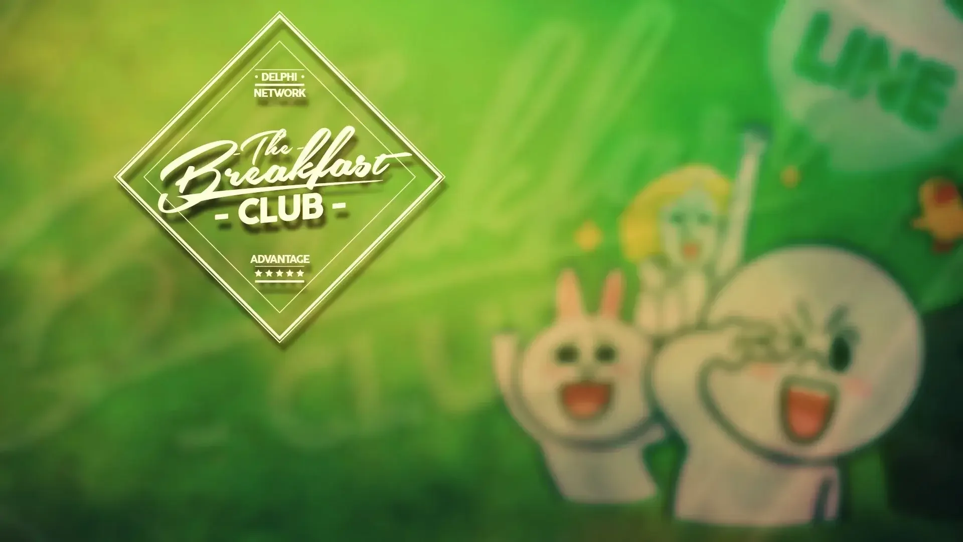 The official logo of the Breakfast Club featured alongside popular LINE characters on a green background. This graphic marks the launch event featuring Akira Morikawa of LINE Corp, focusing on innovating networking between global and Japanese CEOs.