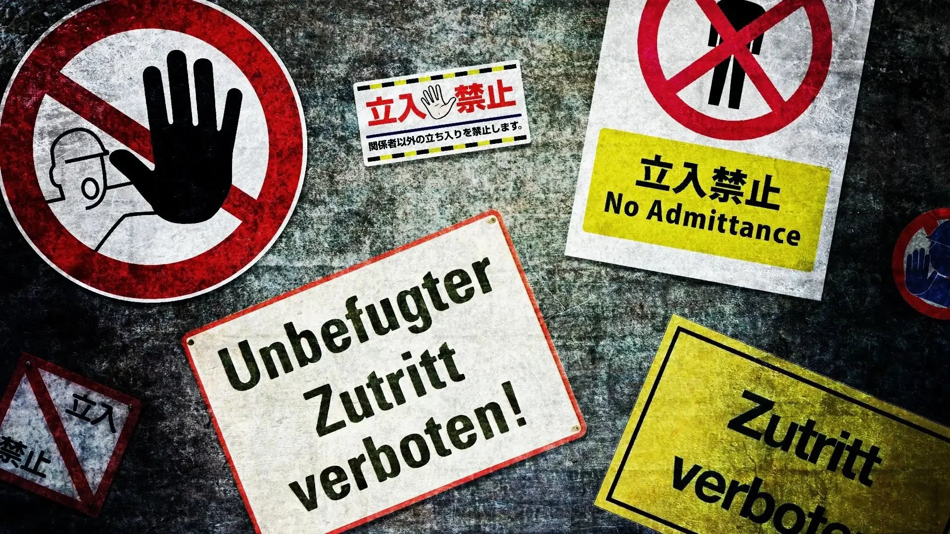 keep out signInternational exclusion signs (German/Japanese) reflecting xenophobia and sharp in-group/out-group boundaries.