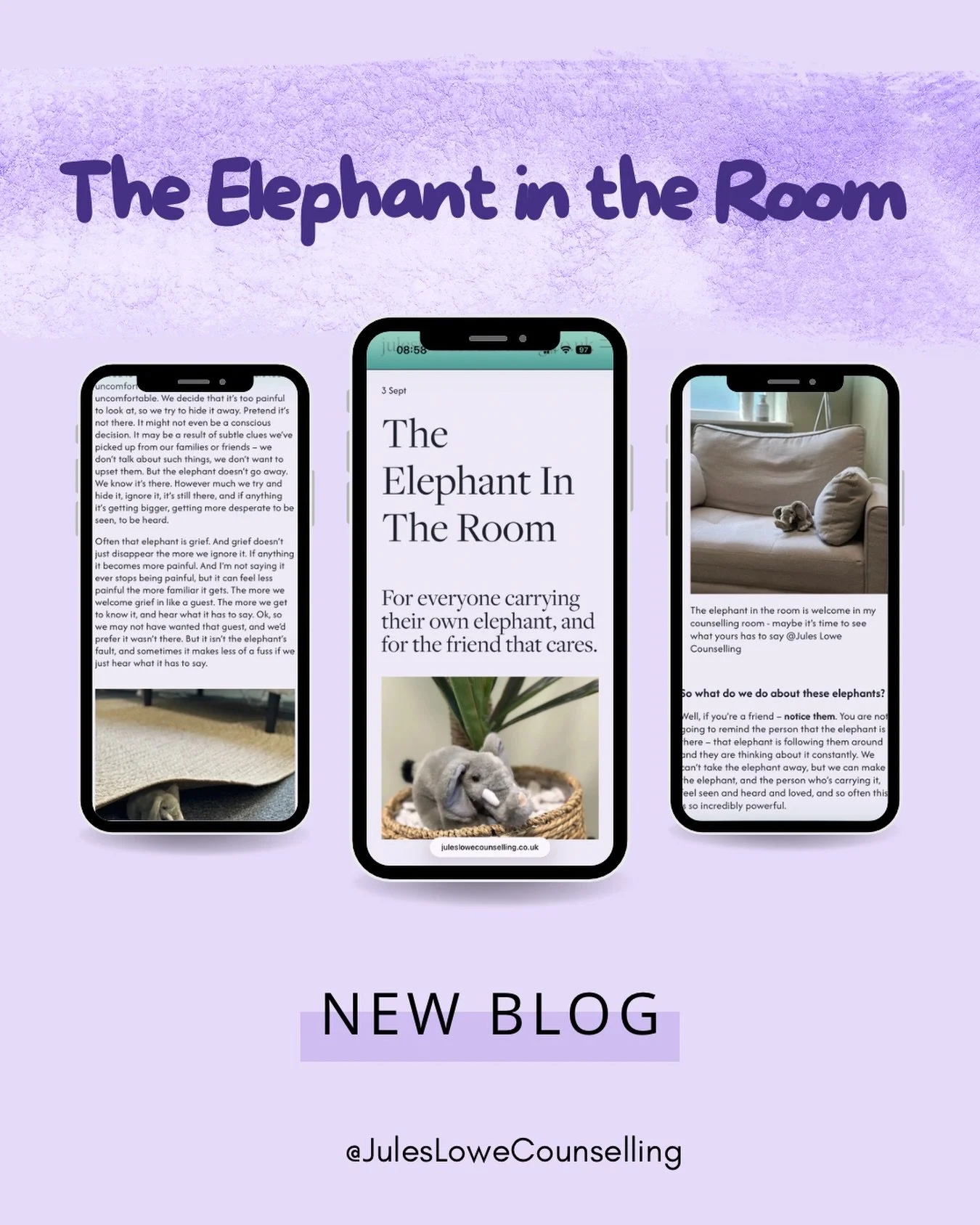 The Elephant in the Room is the thing we don&rsquo;t talk about but is absolutely there. In my latest blog, I cover just some of the elephants people might be carrying - a bereavement, a relationship break up, fertility struggles - and offer what we 