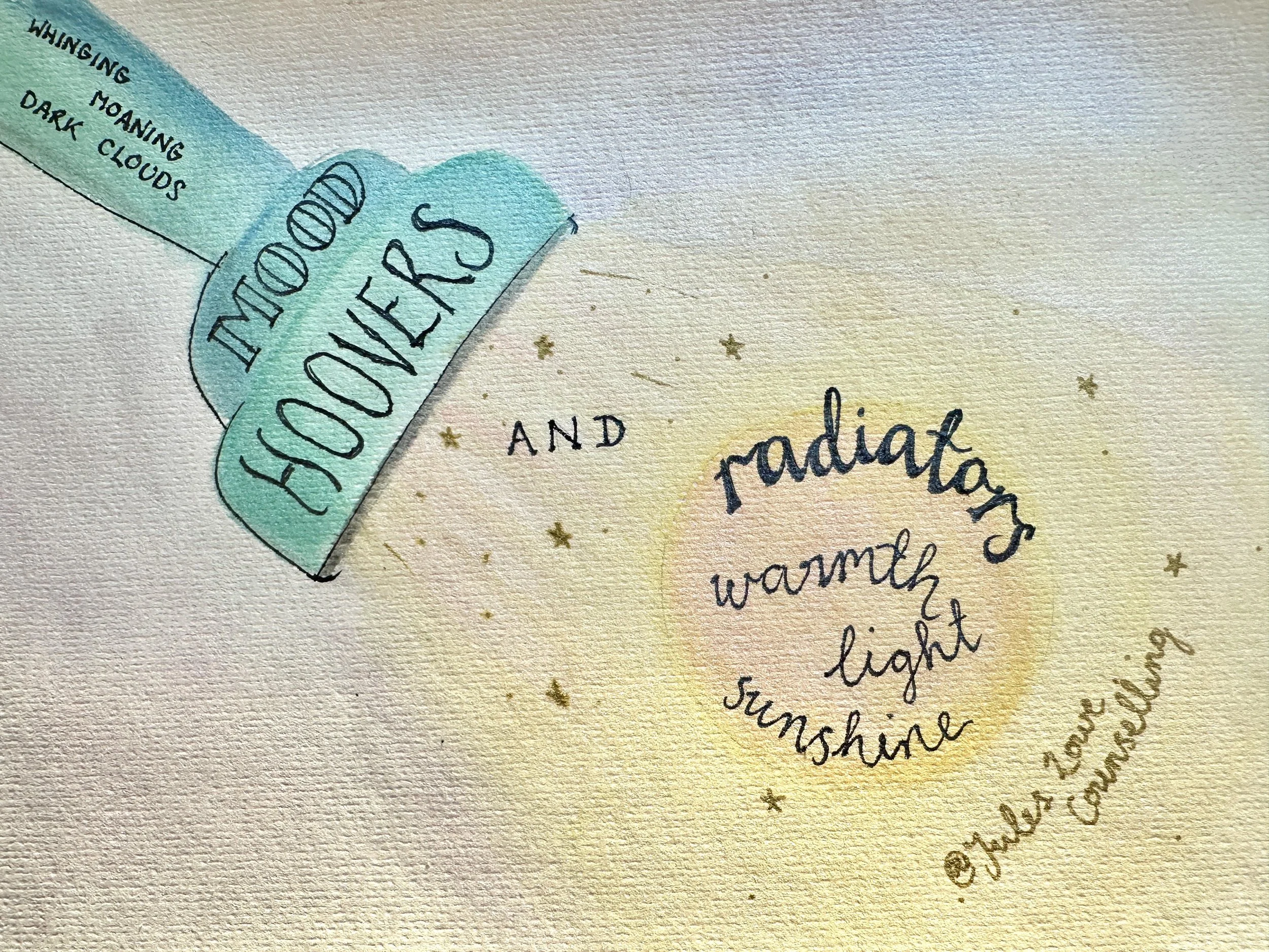 Are you a moodhoover or a radiator @Jules Lowe Counselling Image of a hoover hoovering up a ball of sunshine. The words warmth light and sunshine are written on the sun.  Grief counsellor Grief Therapy Burton Staffordshire Midlands Outdoor Therapy