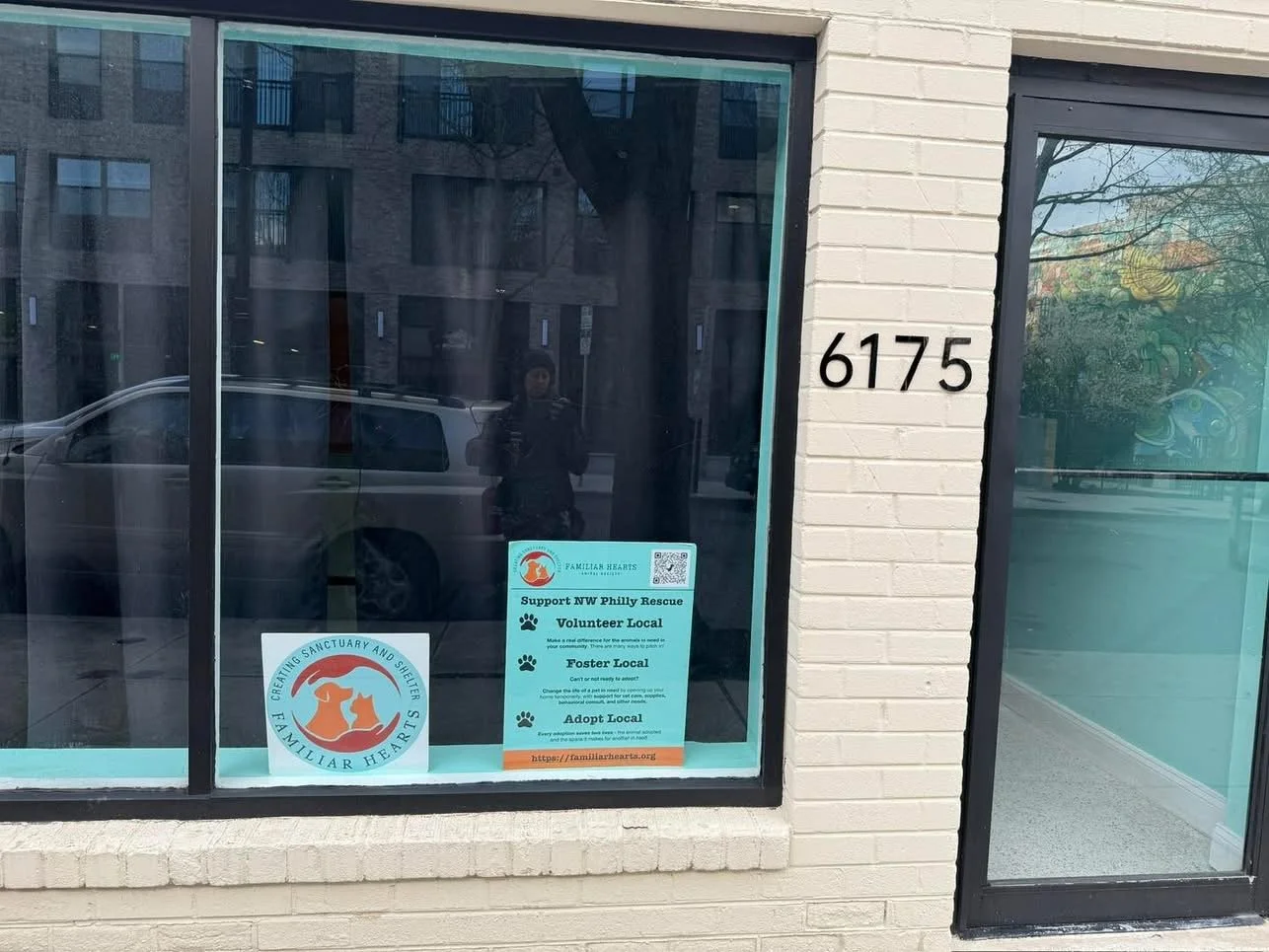 A storefront window with house numbers 6175 and a sign promoting support for NW Philly rescue, volunteering, fostering, and adopting pets, with a person visible taking a photo reflected in the glass.
