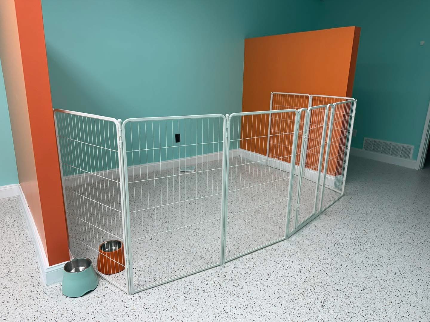 Empty pet playpen with two water bowls inside, set up in a room with teal and orange walls and speckled gray flooring.