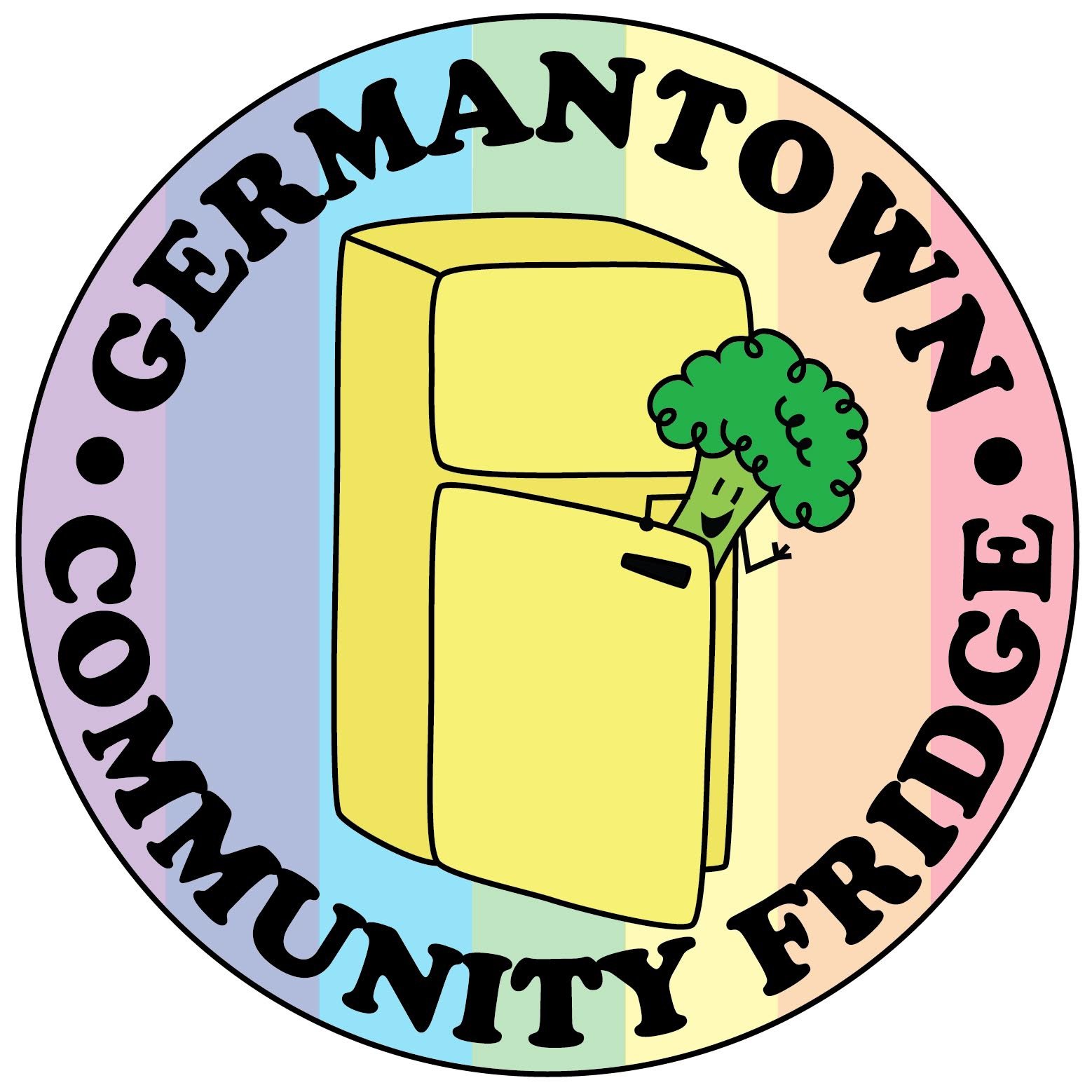 logo for the Germantown Philadelphia, PA, Community Fridge. It is a picture of a yellow refrigerator with an illustrated broccoli poking its head out of the door.