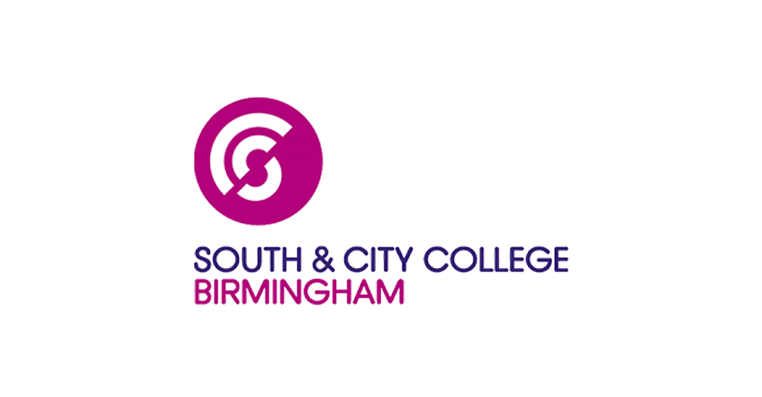 Logo of South & City College Birmingham featuring a circular magenta symbol with stylized 'S' and 'C' elements, accompanied by the college name in bold text, with 'Birmingham' in magenta.