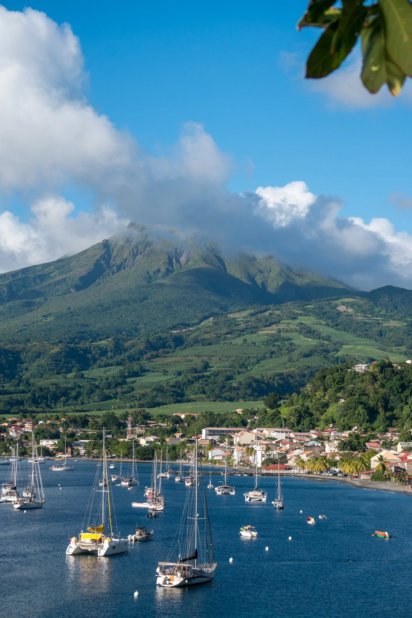 A scenic view of a harbor with numerous sailboats and yachts, a town with colorful buildings along the shoreline, lush green hills, and a cloud-covered mountain in the background under a blue sky.