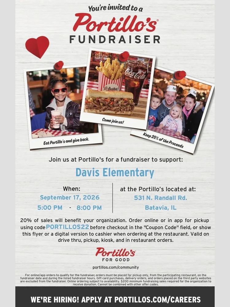Portillo's fundraiser flyer for Davis Elementary, September 17, 2026