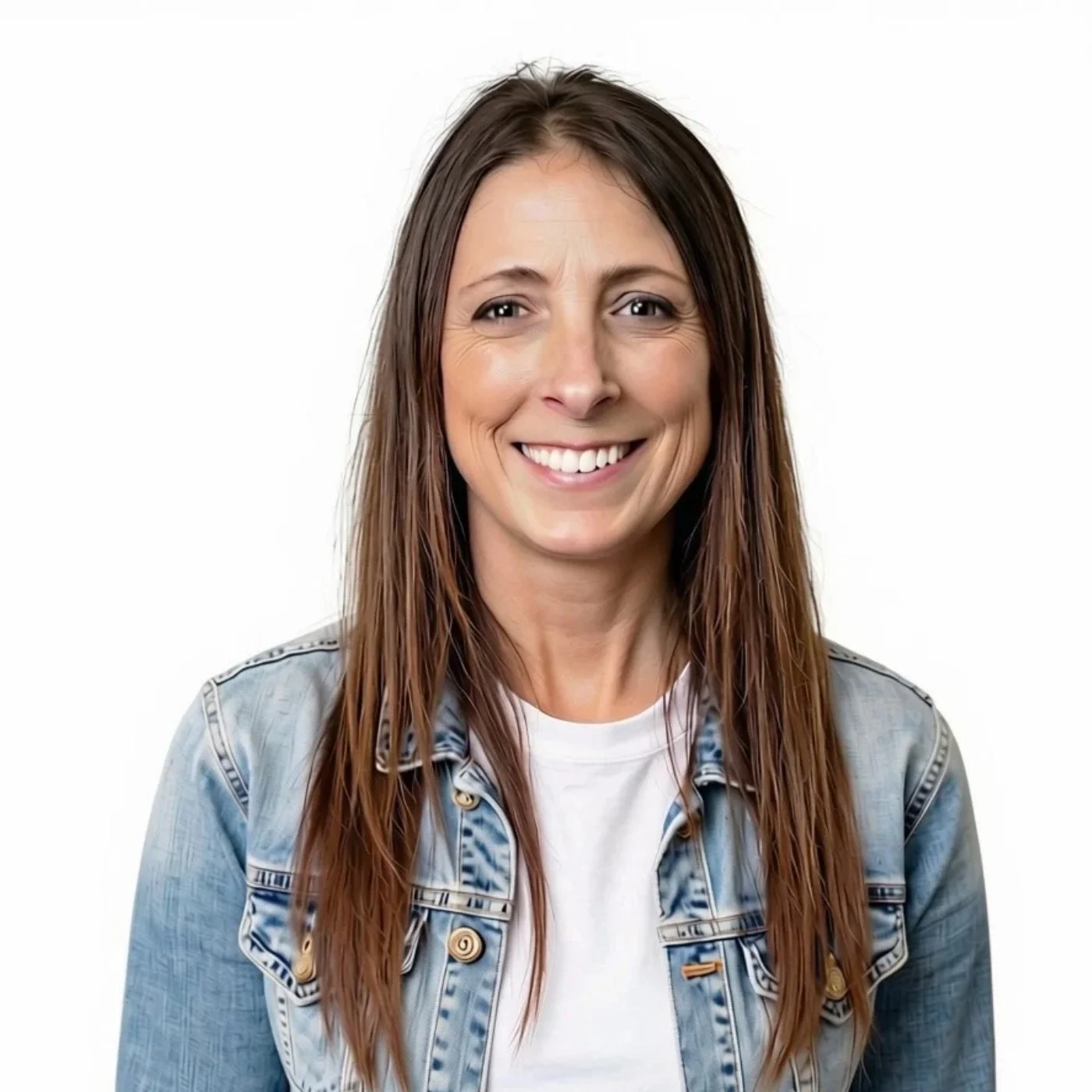 A woman with long brown hair smiling, wearing a denim jacket over a white T-shirt, against a plain white background.