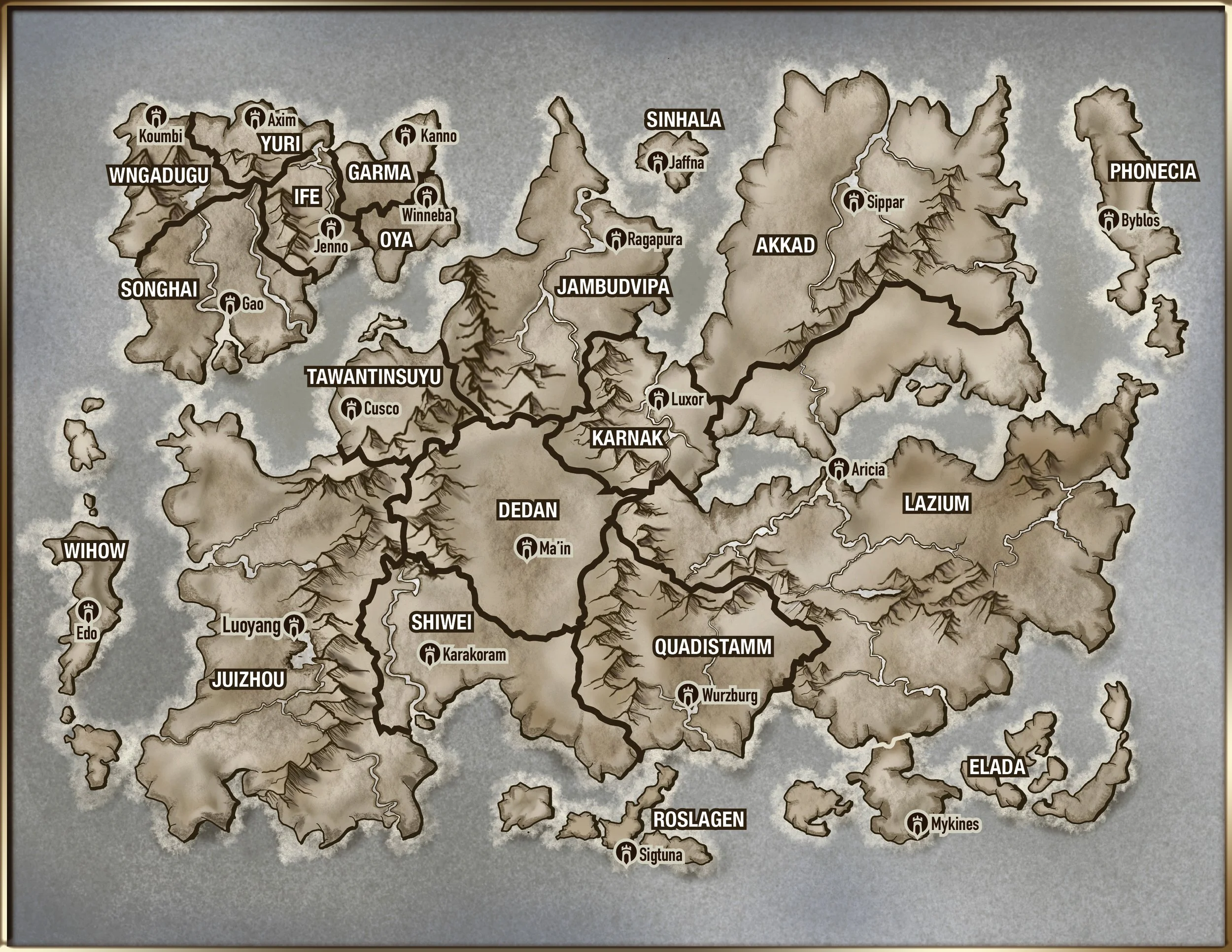 A fantasy map showing a fictional world with various regions and cities, including Wuhoh, Juizhou, Garo, Wngadugu, Yuri, Kummi, Ife, Tawaninsuyu, Cusco, Shiwei, Karnak, Dedan, Axiom, Kamno, Ragnapura, Jambudvipa, Saktiuna, Lazuim, Flada, Roslagen, Wurzburg, and others, with geographical features like mountains, rivers, and islands.