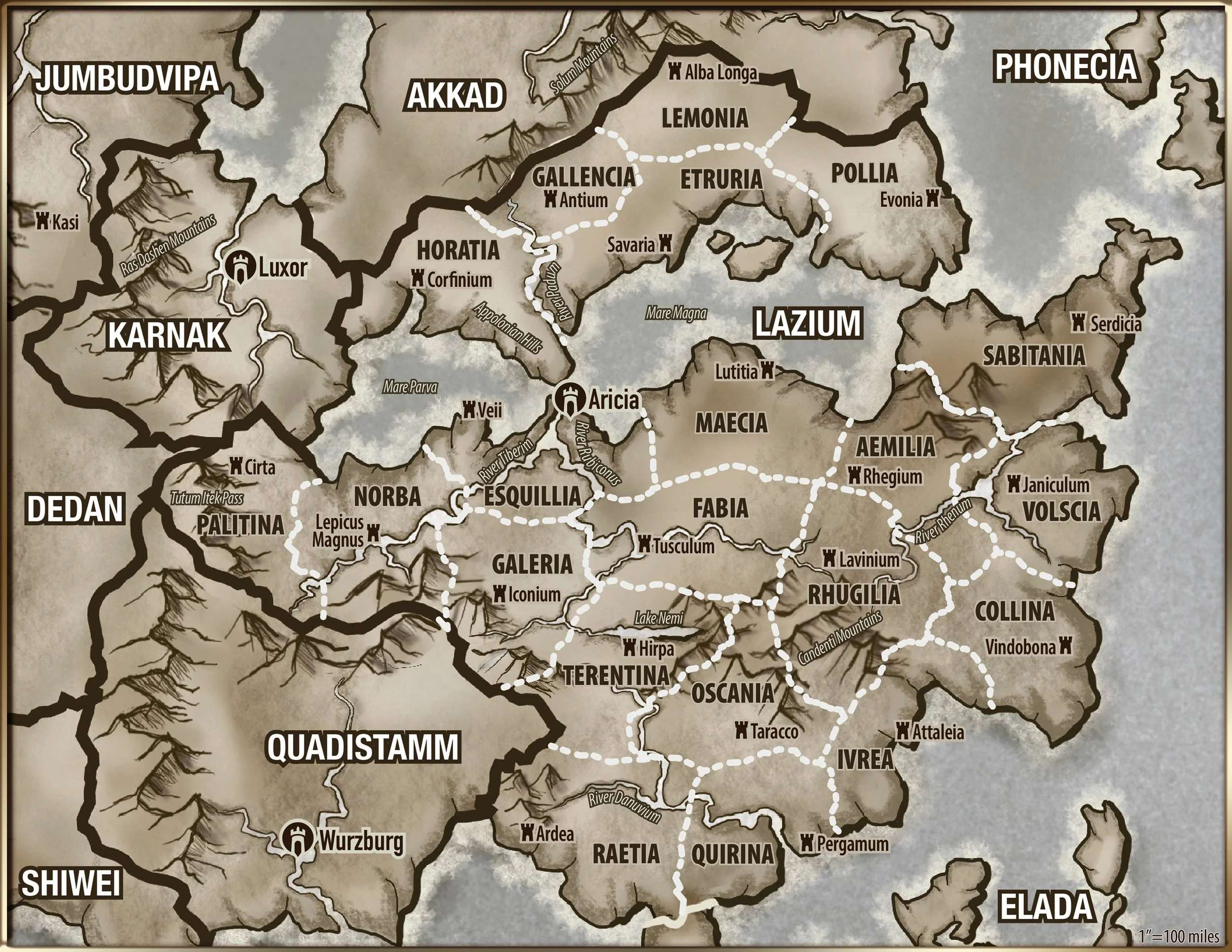 A detailed historical map of ancient European and nearby regions with labeled cities, regions, mountains, and landmarks. Notable labels include Jumbudvipa, Akkad, KARNACK, LUXOR, KASI, DEDAN, SHIWEL, QUADISTAMM, Wurzburg, ARCADIA, RAETIA, ILVRA, and ELADA. The map features mountain ranges, rivers, and city icons, with a legend indicating 1 inch equals 100 miles.