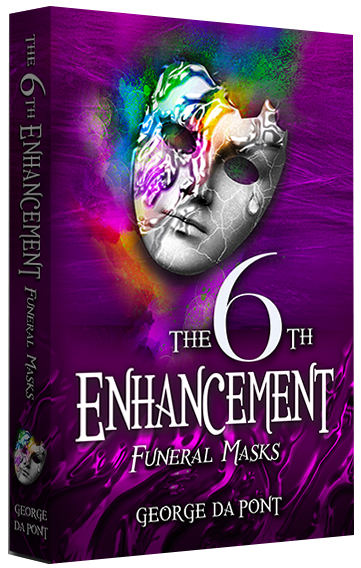 Book cover titled 'The 6th Enhancement' with a partially colored, abstract face mask against a purple background.