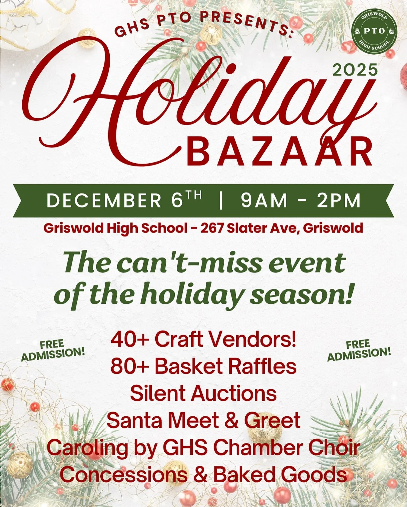 Mark your calendars, the GHS PTO Holiday Bazaar is back! This is a must-go event for the whole family!

Shop 40+ local vendors for unique gifts and holiday d&eacute;cor, try your luck at 80+ basket raffles, snap a photo with Santa, enjoy caroling by 