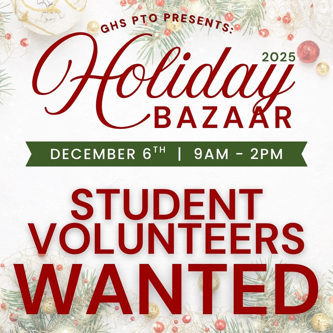 🎄✨ Hey GHS students! Help make the GHS Holiday Bazaar on Saturday, Dec 6 a success. Have fun, support our school, and earn community service hours! Sign up via the link in bio or check your Google Classroom. Spots are limited - don&rsquo;t wait! 💚

