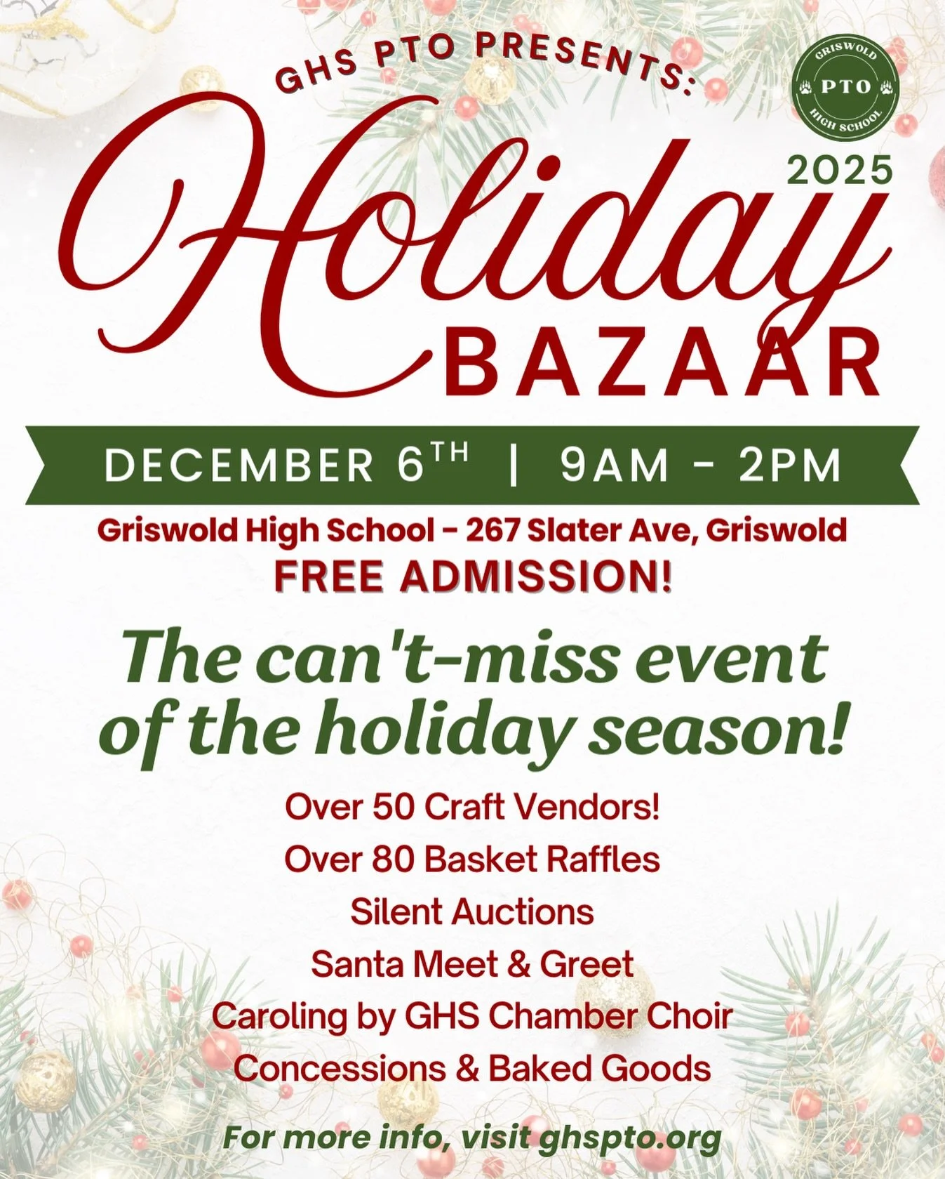 Only 6 days until the GHS PTO Holiday Bazaar! 🎄
Join us this Saturday, December 6th from 9&ndash;2 at Griswold High School for one of the most festive events of the season!

✨ Here&rsquo;s what you&rsquo;ll find:
&bull; 50+ local vendors
&bull; 80+ 