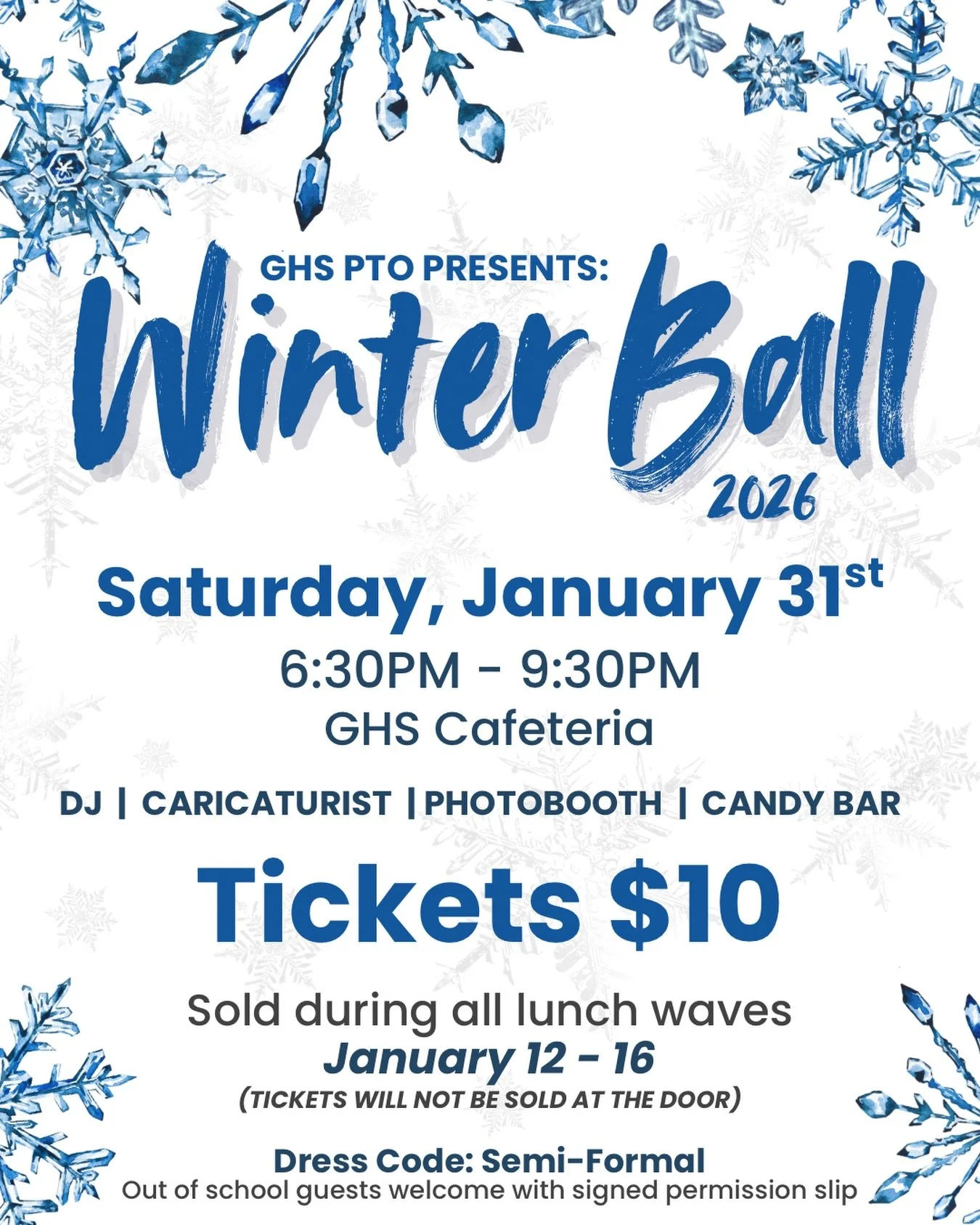 GHS PTO presents Winter Ball 2026!

📅 Saturday, January 31
🎟️ Tickets: $10
🕛 Sold during lunch waves January 12&ndash;16

Back by popular demand! @therealdjjd with @dawsonentertainment will be bringing the DJ, lighting, and interactive photo booth