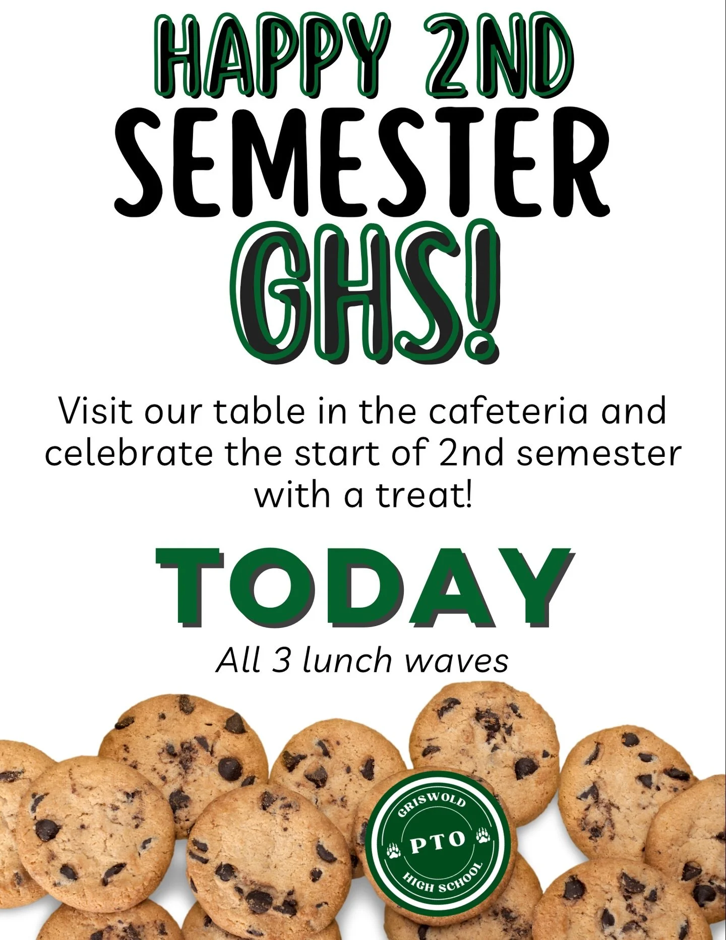 GHS PTO is celebrating the start of 2nd semester the best way we know how&hellip; with FREE COOKIES 🍪 Swing by the GHS PTO table during your lunch and grab one while they last. New semester, new vibes, sweet treats. See you there!
.
.
.

#ghspto #gr