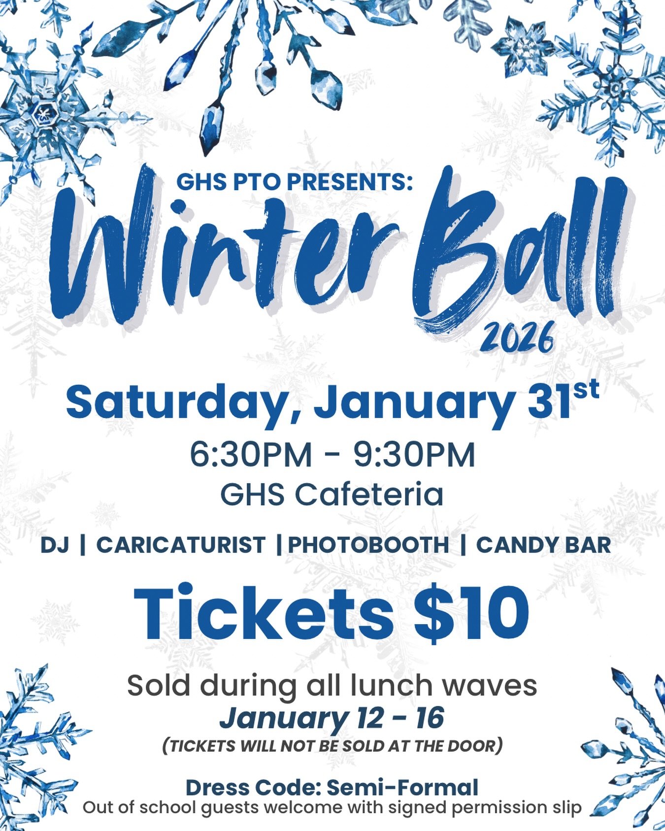 GHS PTO presents Winter Ball 2026!

📅 Saturday, January 31
🎟️ Tickets: $10
🕛 Sold during lunch waves January 12&ndash;16

Back by popular demand! @therealdjjd with @dawsonentertainment will be bringing the DJ, lighting, and interactive photo booth