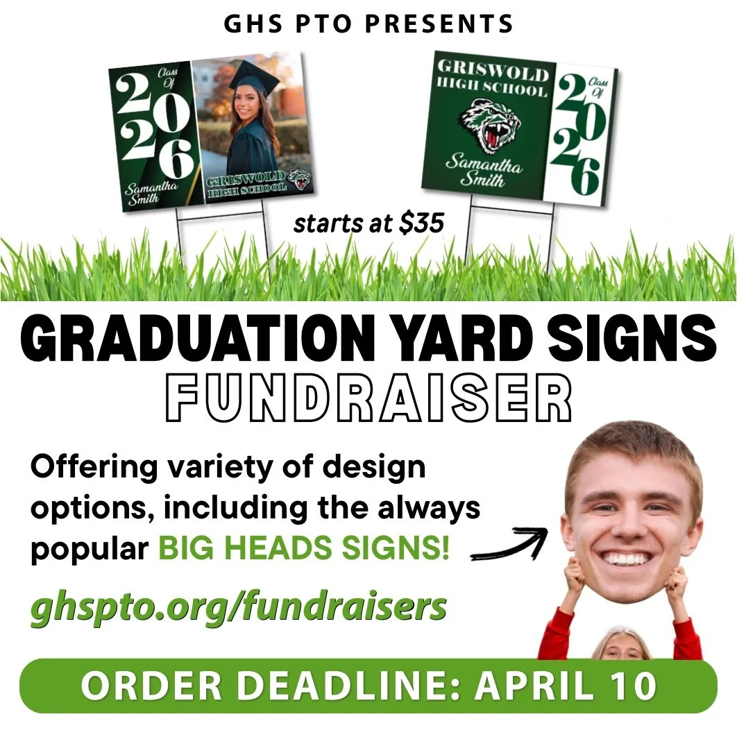 ⏰Only 2 more days to order your GHS Grad Sign! Don&rsquo;t miss your chance to celebrate your senior with a custom yard sign, including our fun Big Head options! Order using the link below:  https://ghspto.org/fundraisers
.
.
.
#ghspto #griswoldhighs