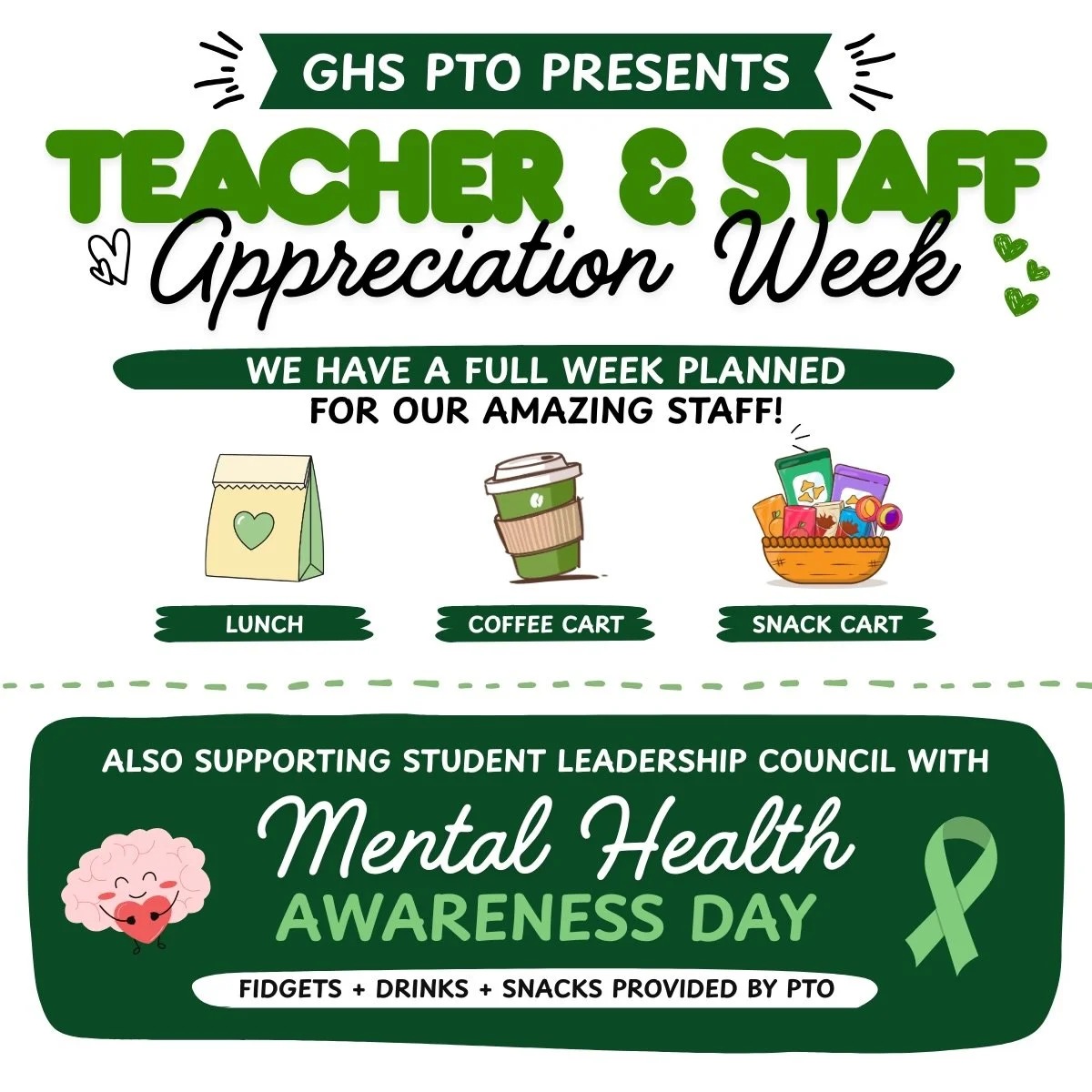 Staff Appreciation Week is May 4th - 8th, and we have a full week of goodies planned for our amazing GHS teachers and staff, snack carts, lunch, a coffee cart, and more! We&rsquo;d love your help to make it all happen. We&rsquo;re also getting ready 