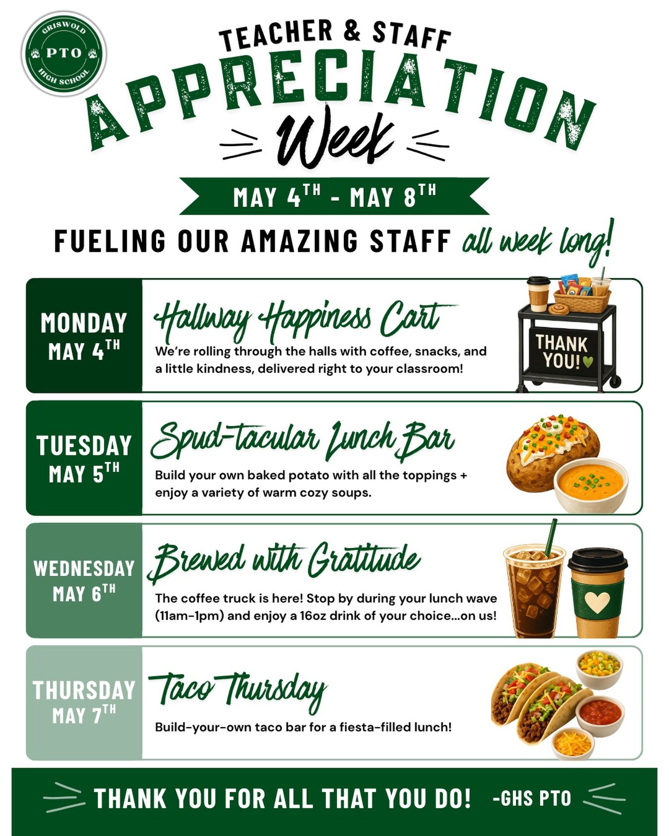 Staff Appreciation Week is here at GHS. To our incredible GHS staff, this week is all about you. Every meal, surprise, and moment of appreciation is a small way for us to say thank you for everything you do for our students and school community.

To 