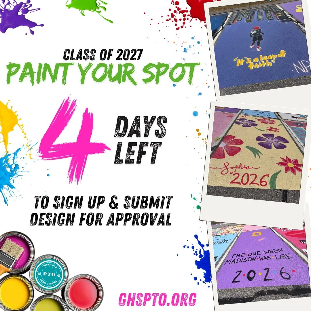 CLASS OF 2027, you have 4 days left to sign up for Paint Your Spot! 🚙 Signed contracts, designs and payments must be submitted by this Friday, May 29th to participate. Visit ghspto.org/fundraisers￼ to print out design form and make payment. Don&rsqu