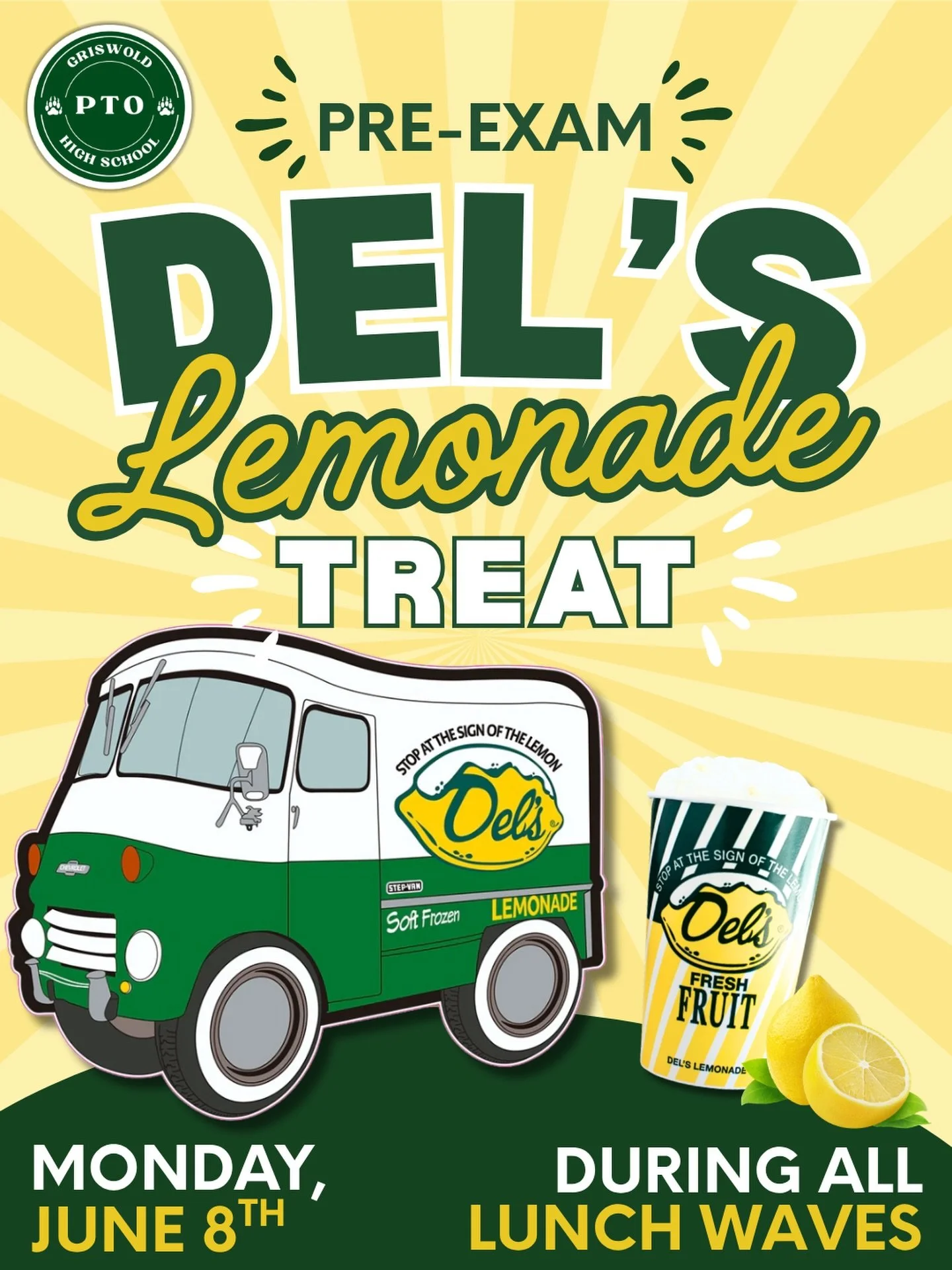 🍋 One last PTO treat before exams! GHS students, stop by and see us during your lunch wave tomorrow and enjoy a free Del&rsquo;s Lemonade on us. A little refreshment before exam week begins. 🍋
.
.
#ghspto #preexamstreat #griswoldhighschool #delslem