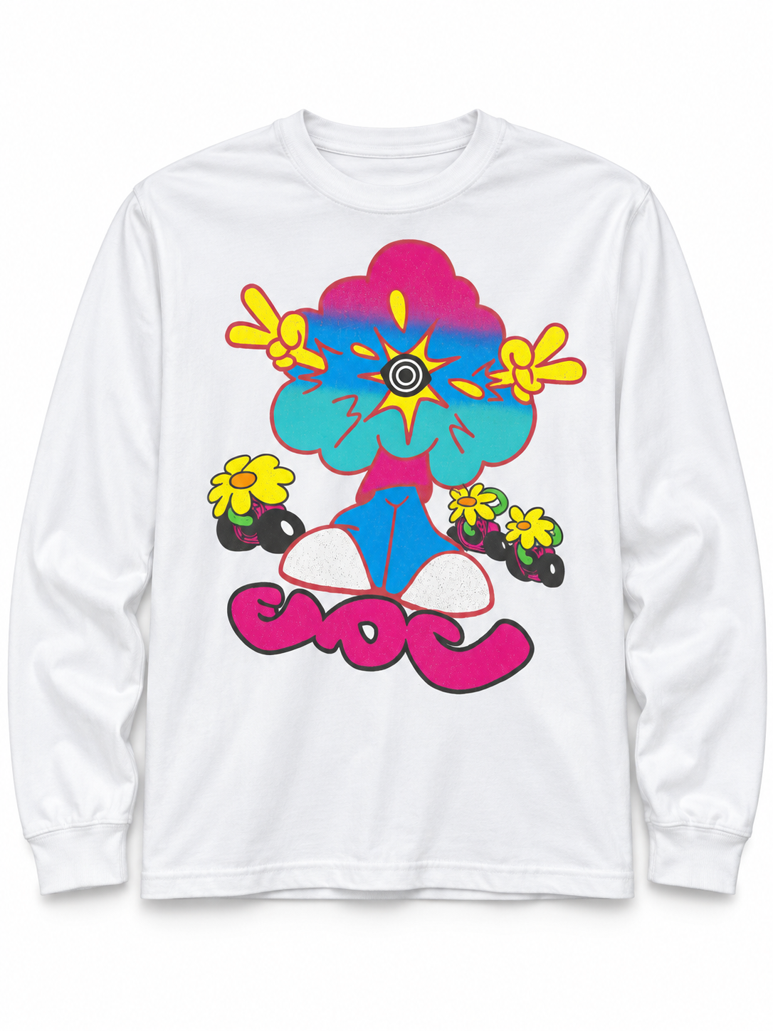 White EDC Shirt, Psychedelic Peace Flowers-3.png