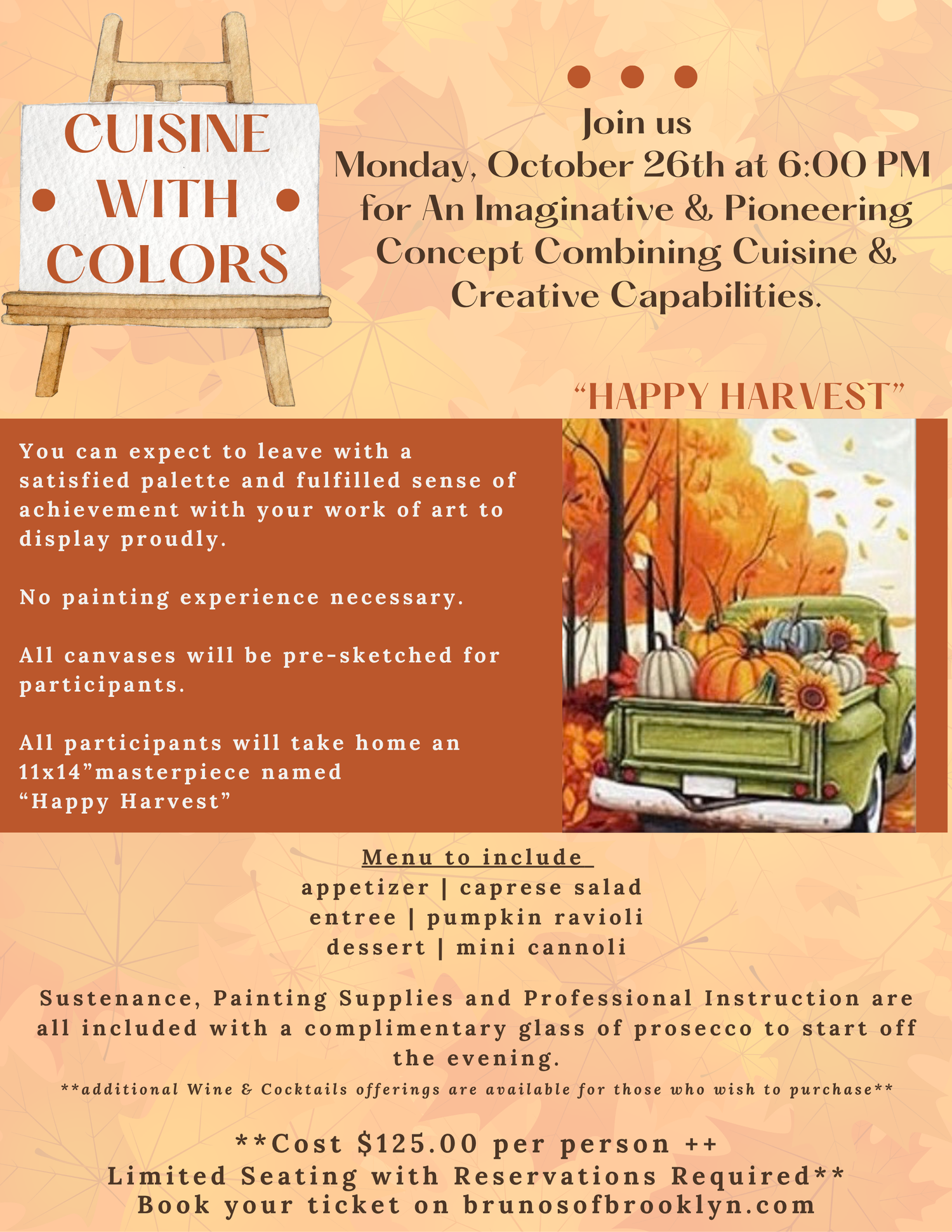 Complete original Happy Harvest event flyer, Cuisine with Colors, October 26, 2026, including the painting, menu and event details