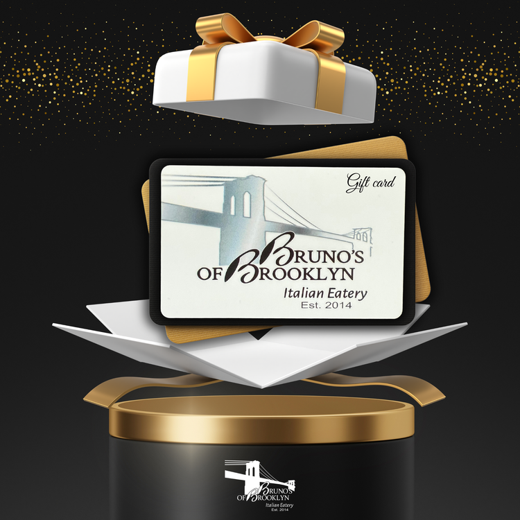 Bruno’s of Brooklyn Italian Eatery gift card with a gold gift ribbon